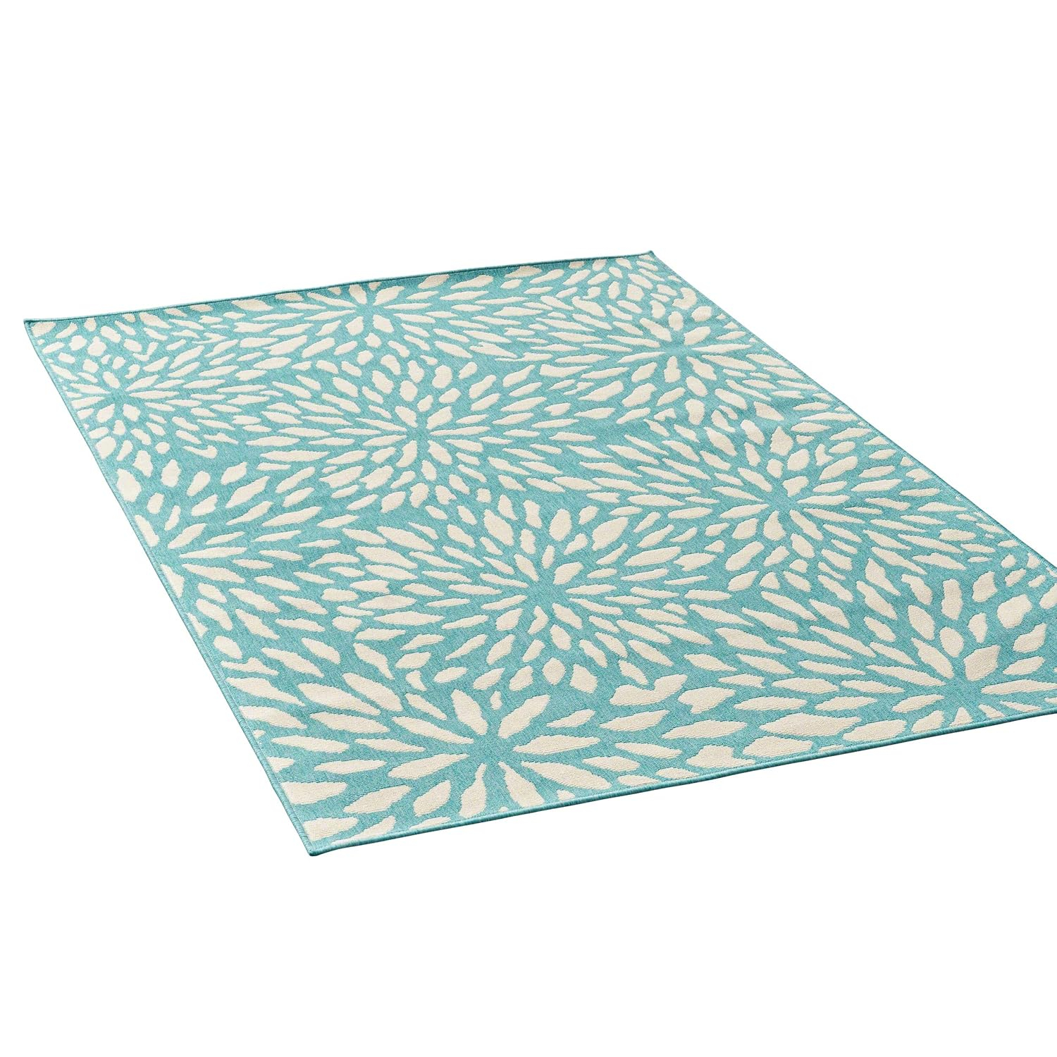 Ivory and Blue Floral Rectangular Stain-Resistant Outdoor Rug