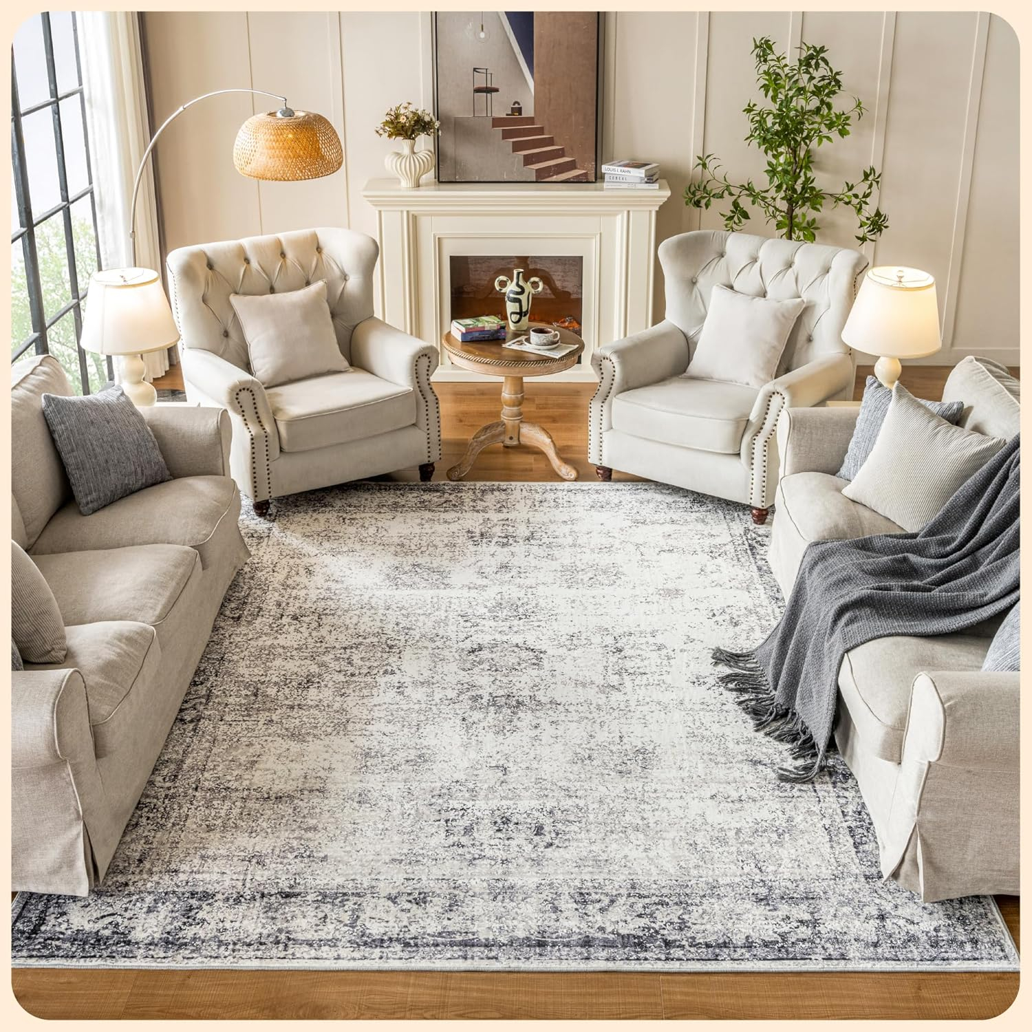 Istana Beige Area Rug 8x10, Machine Washable, Stain Resistant, Foldable, Non-Shedding, Farmhouse Rugs for Living Room, Eco-Friendly