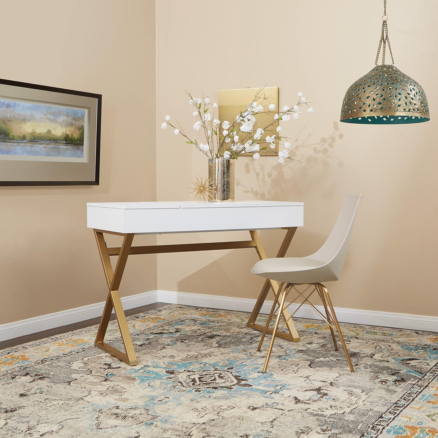 OSP Home Furnishings Oakley Chair in Cream Faux Leather with Gold Chrome Base