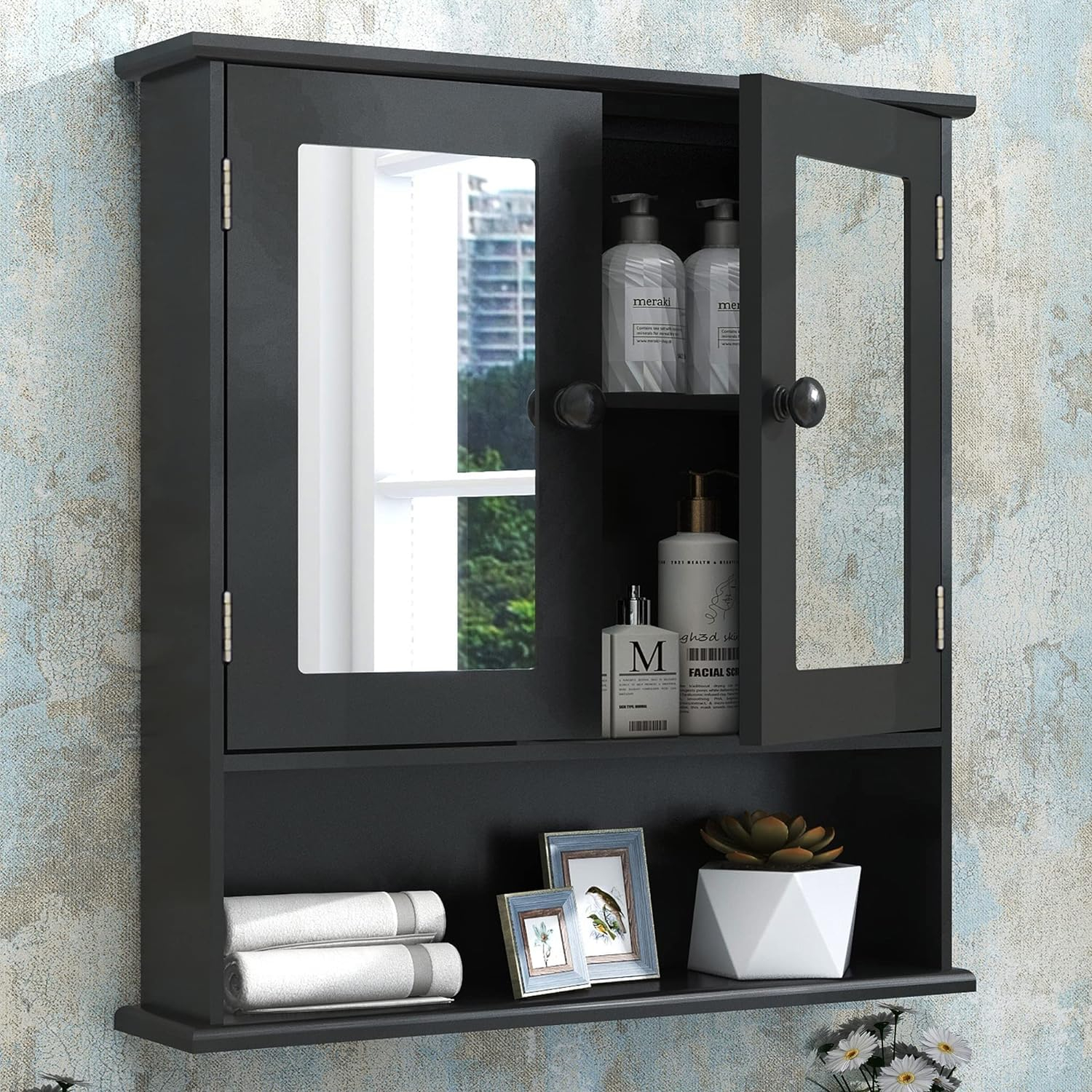 Medicine Cabinet, Medicine Cabinets For Bathroom With Mirror 2 Doors 3 Open Shelf, Bathroom Cabinet Wall Mounted Wooden Storage Over Toilet Laundry Room Kitchen