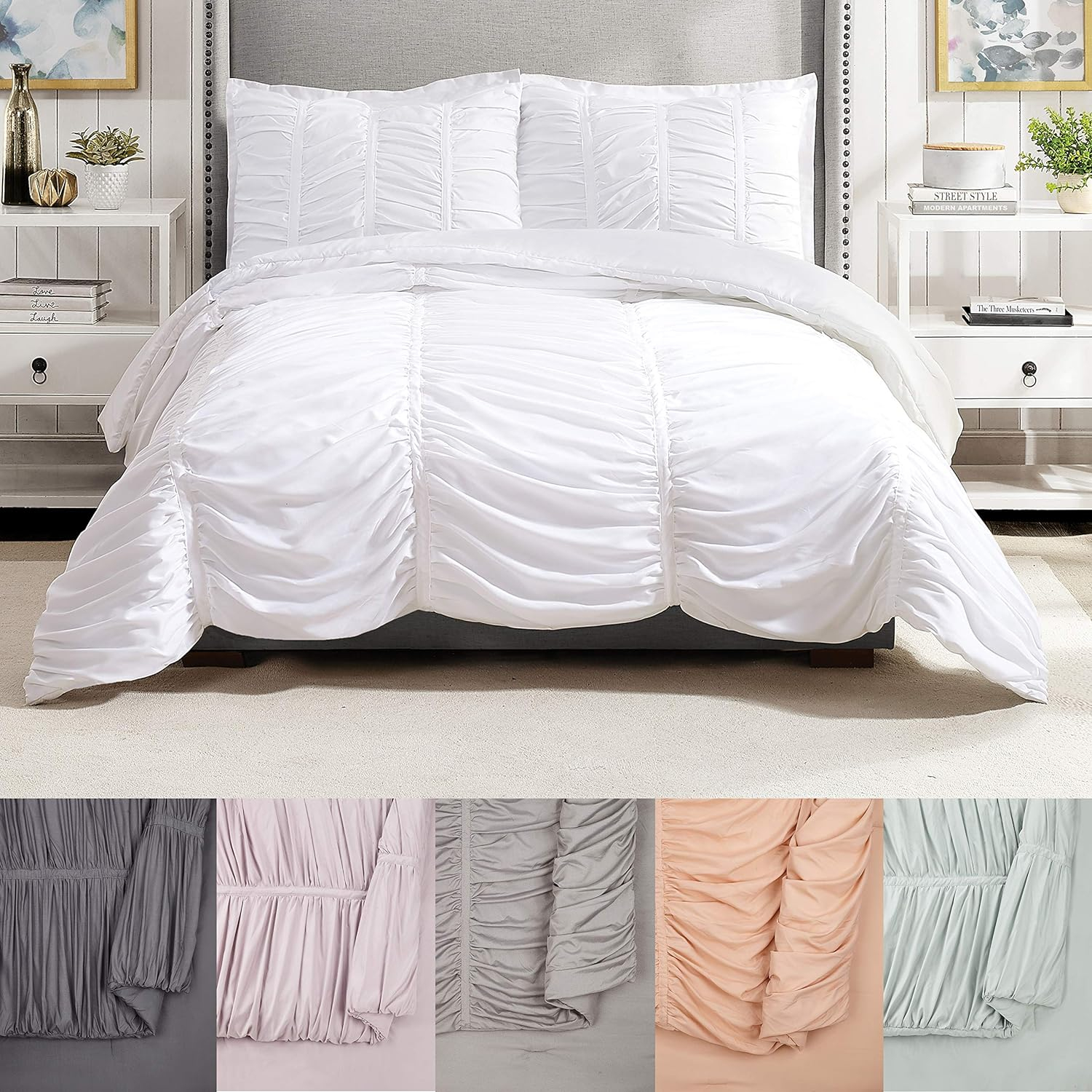 Emily Texture (White) 2-Piece Comforter Set, Ruched All Seasons Bedding, Machine Washable - Twin/Twin XL Size