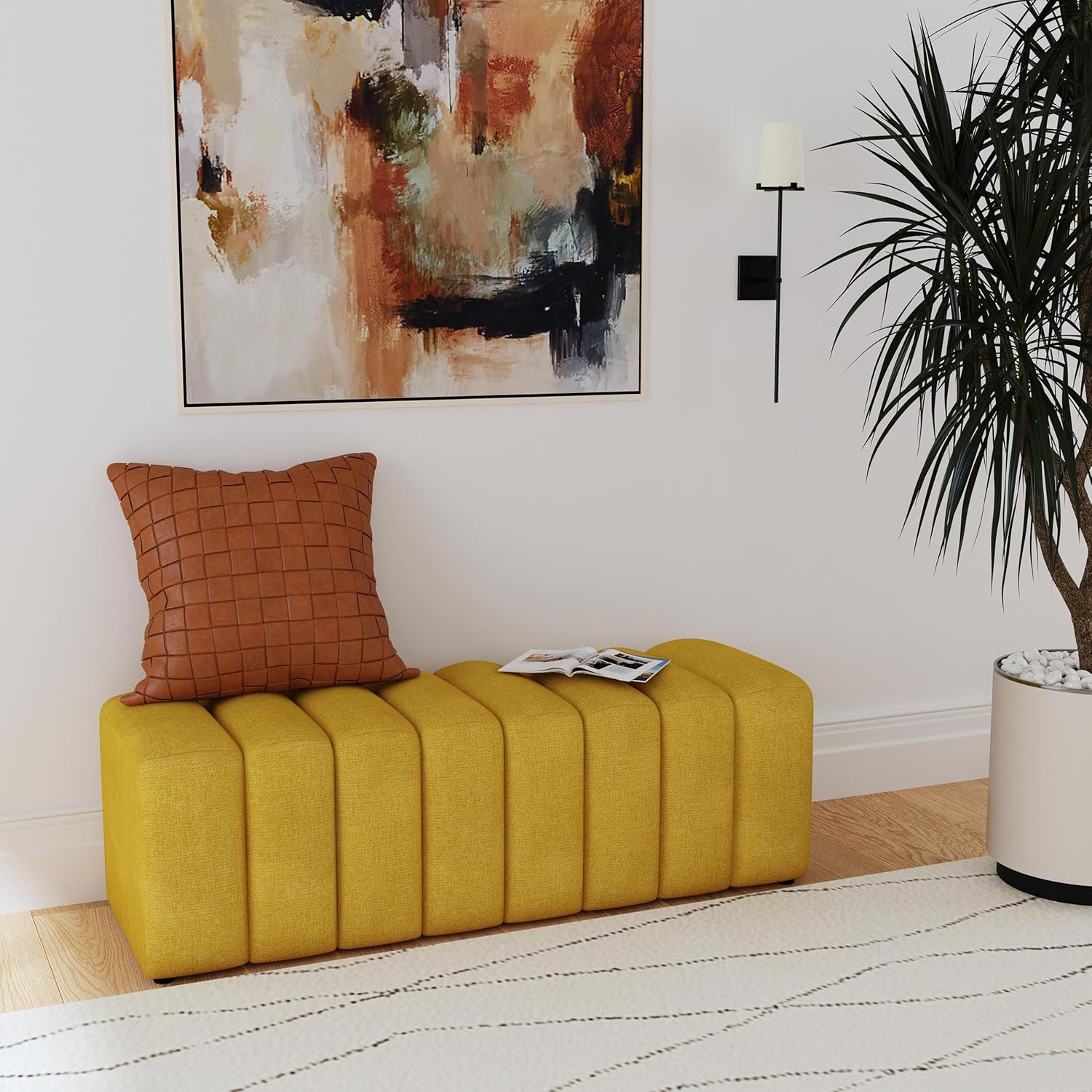 Coaster Summer Fabric Upholstered Tufted Accent Bench Mustard in Yellow