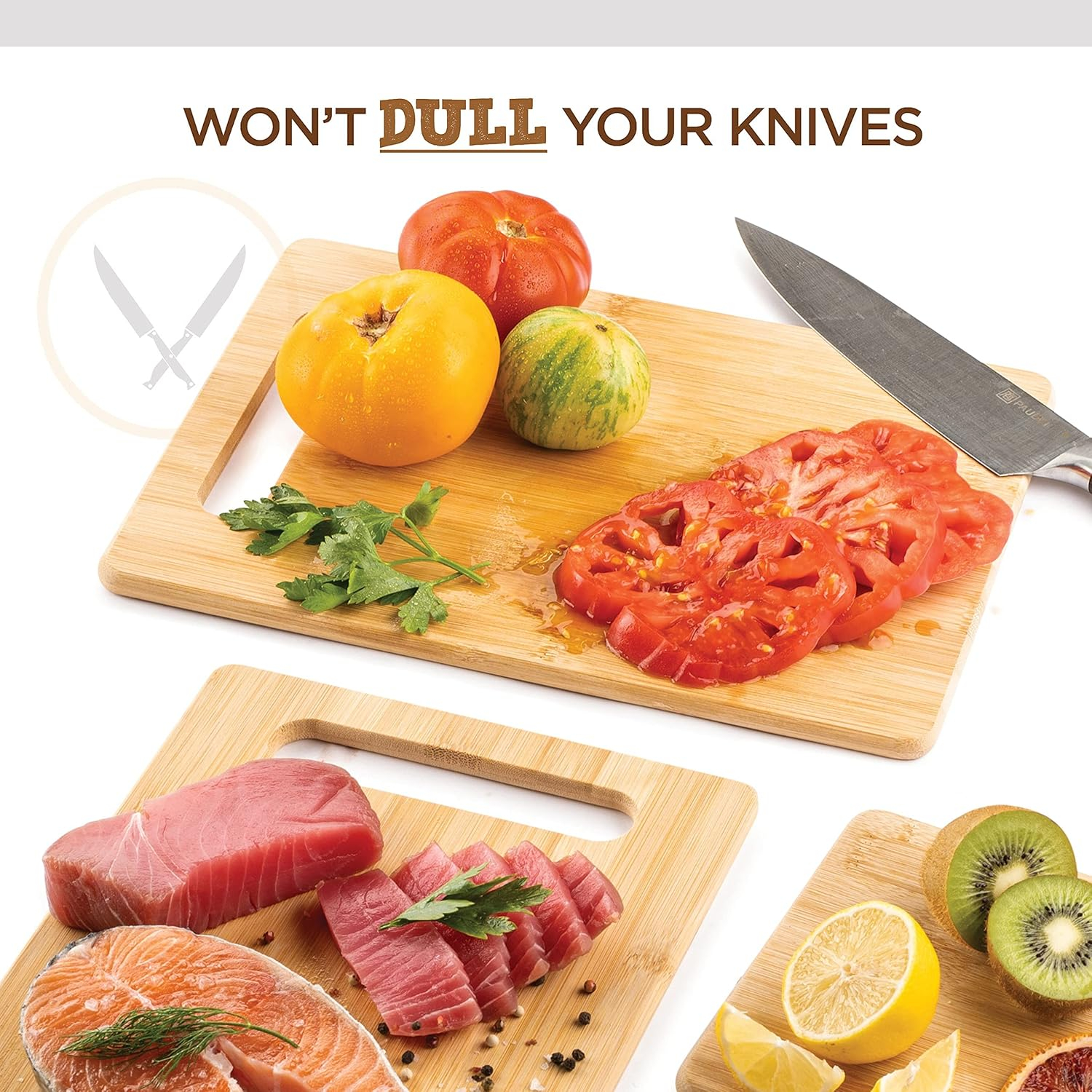 Bamboo Cutting Boards for Kitchen [Set of 3] Wood Cutting Board for Chopping Meat, Vegetables, Fruits, Cheese, Knife Friendly Serving Tray with Handles