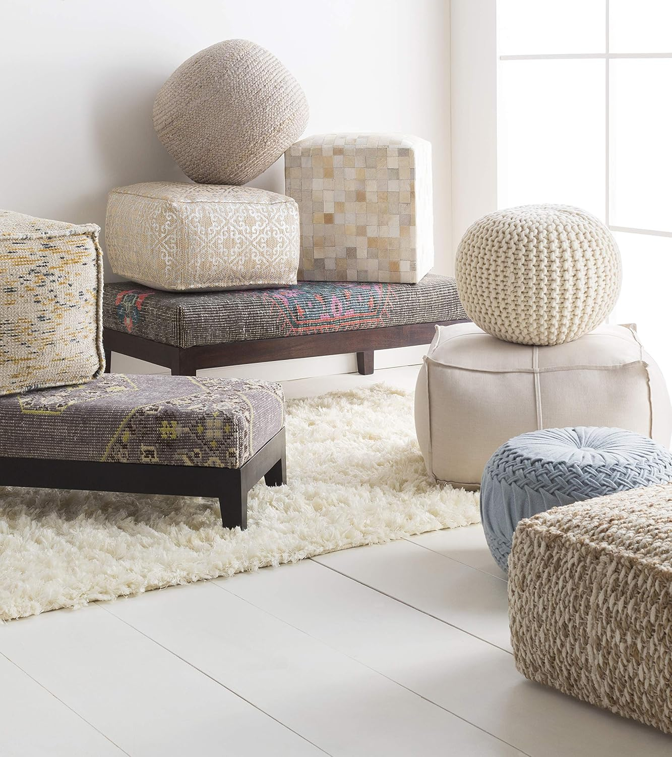Livabliss Aqua Braided Jute Round Pouf, 19.75"W x 16"H