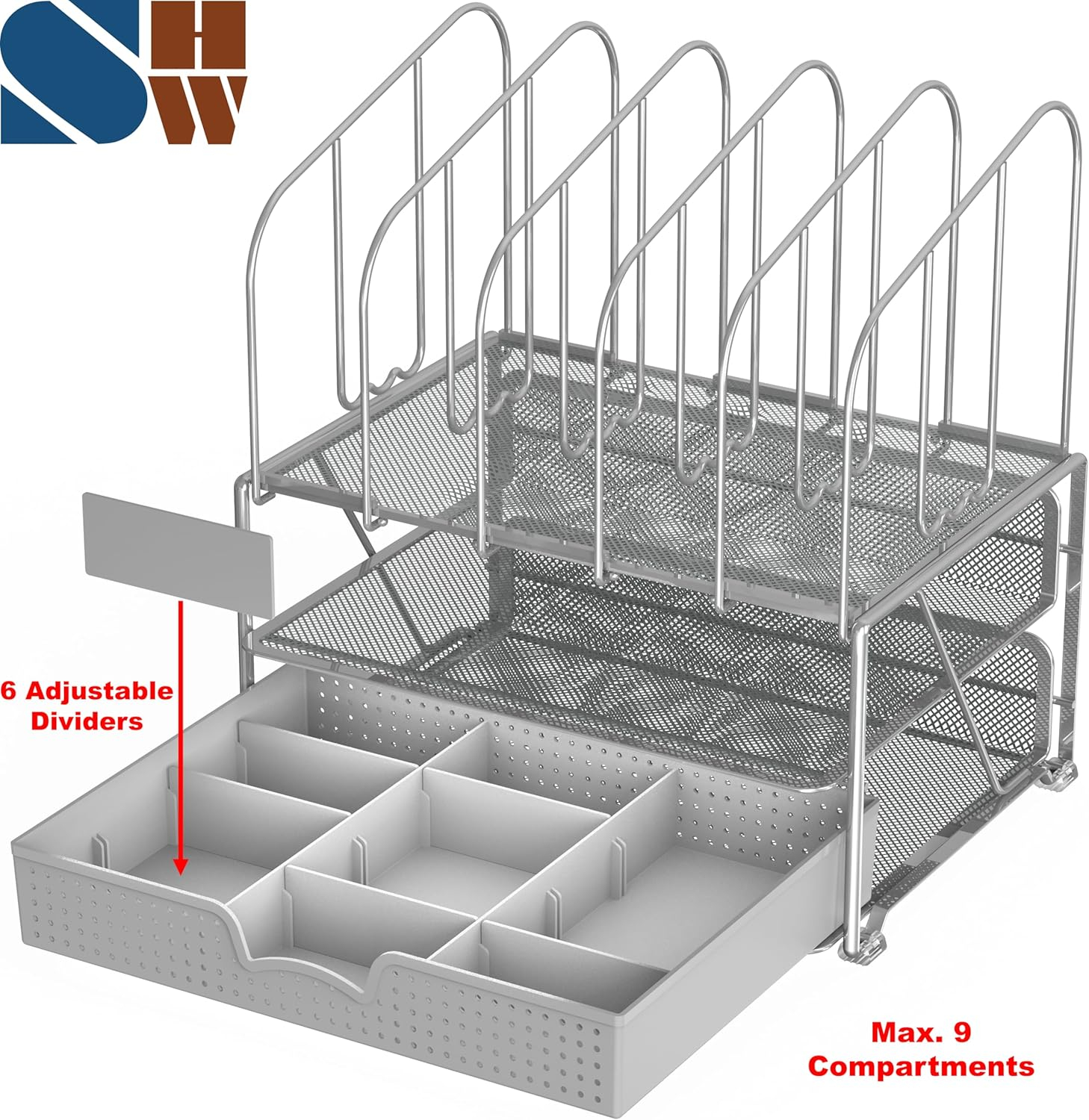DecoBros Mesh Desk Organizer with Double Tray and 5 Upright Sections, Sliver