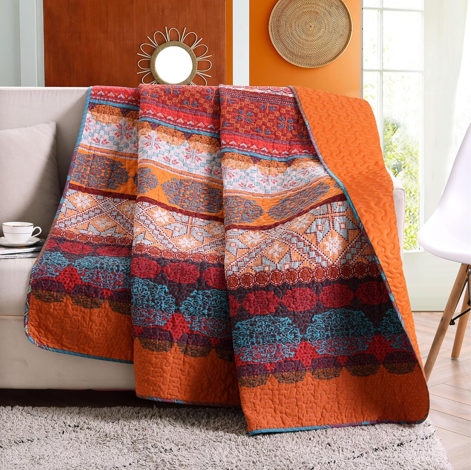 Exclusivo Mezcla 50"x 60" Quilted Throw Blanket- Microfiber Quilt Throw with Boho Striped Pattern, Reversible Red and Orange Versatile Lap Quilt for All Seasons, Lightweight Throws for Bed/Couch/Sofa