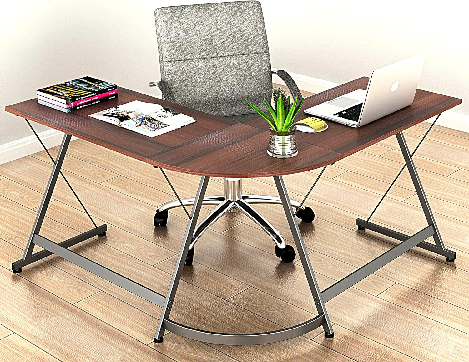 shw l-shaped home office corner adjustable desk wood top, espresso