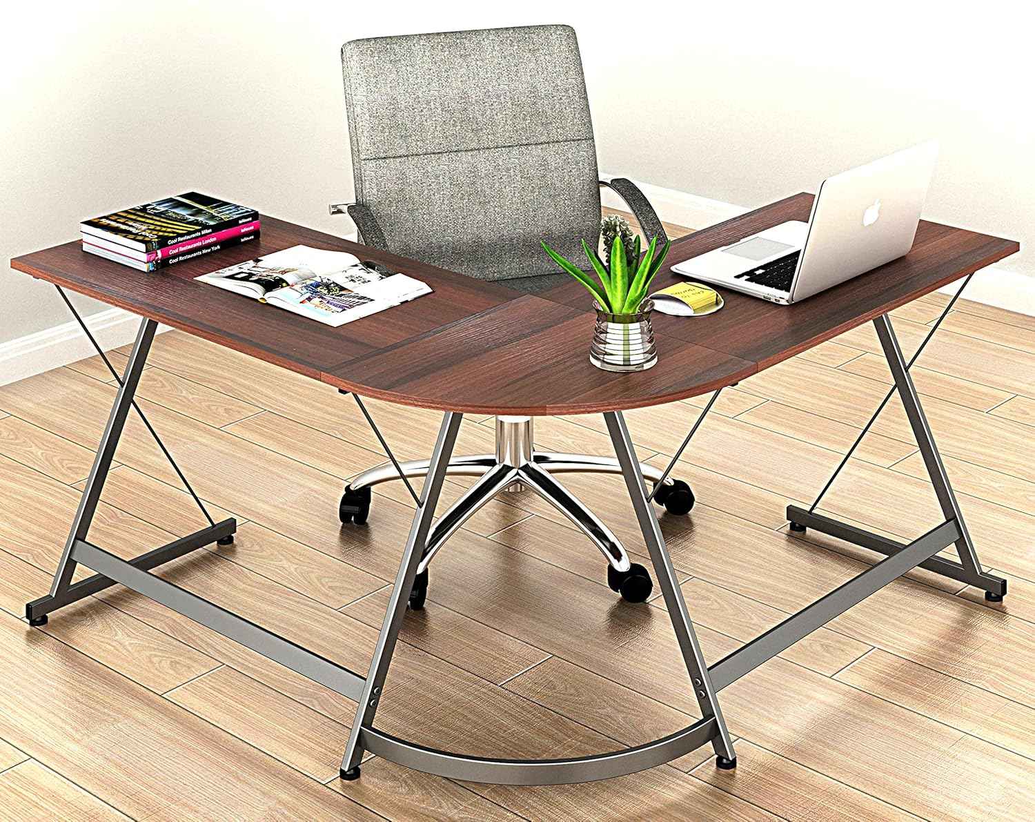 shw l-shaped home office corner adjustable desk wood top, espresso