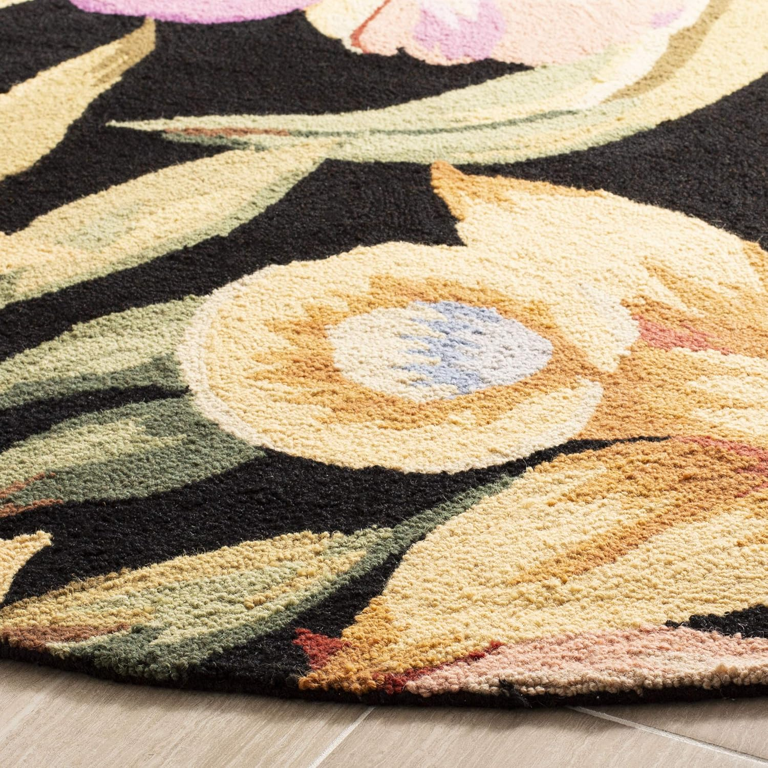 Handmade Black Floral Wool 8' Round Area Rug