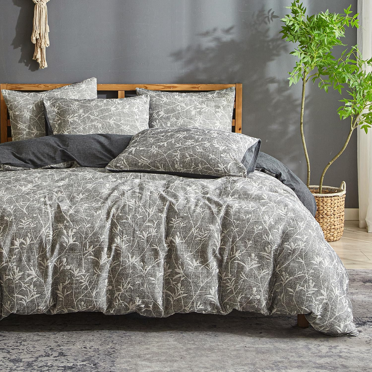 Ivellow Linen Cotton Blend Duvet Cover Set Queen - Jaquard Floral Textured Ultra Soft Breathable Grey Botanical Garden Flower Leaves Branch Bedding Set 3 Pcs