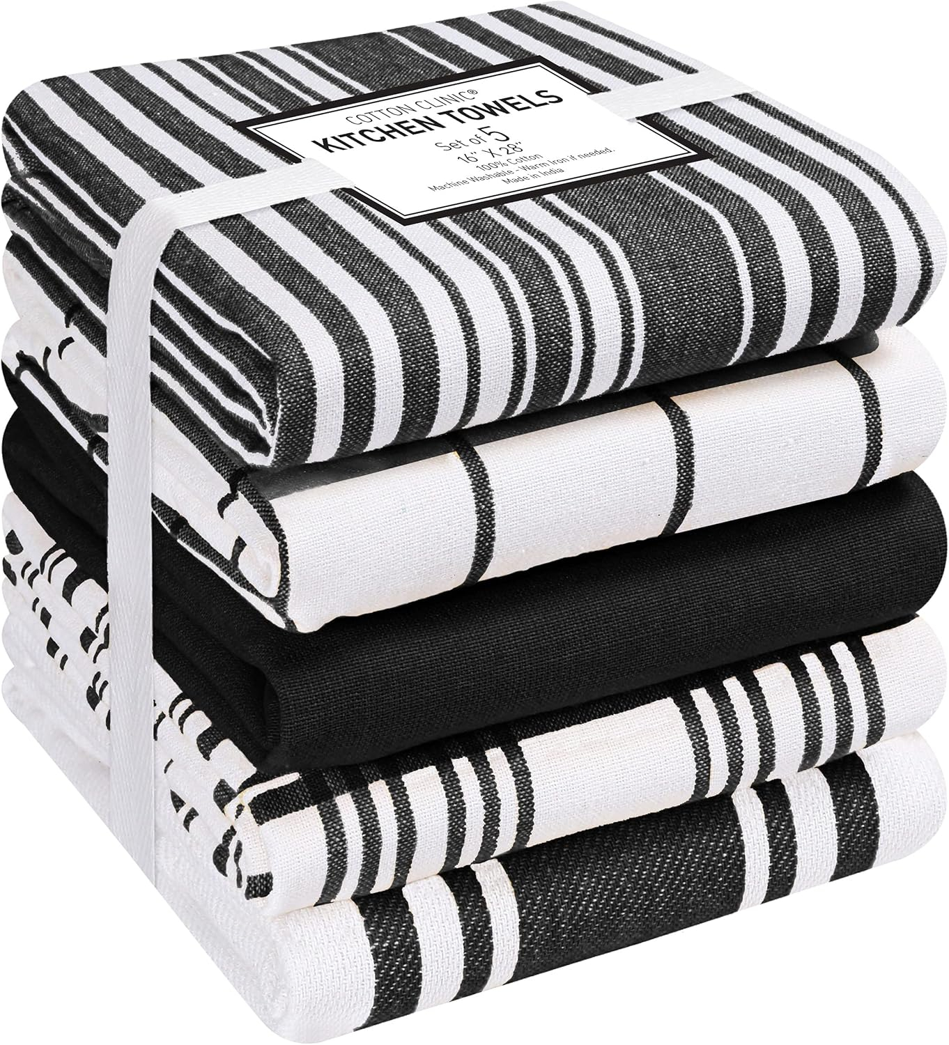 Cotton Clinic Assorted Kitchen Linen 5 Pack Soft Absorbent Quick Drying Table & Kitchen Towels with Hanging Loop 16x28 / Navy White