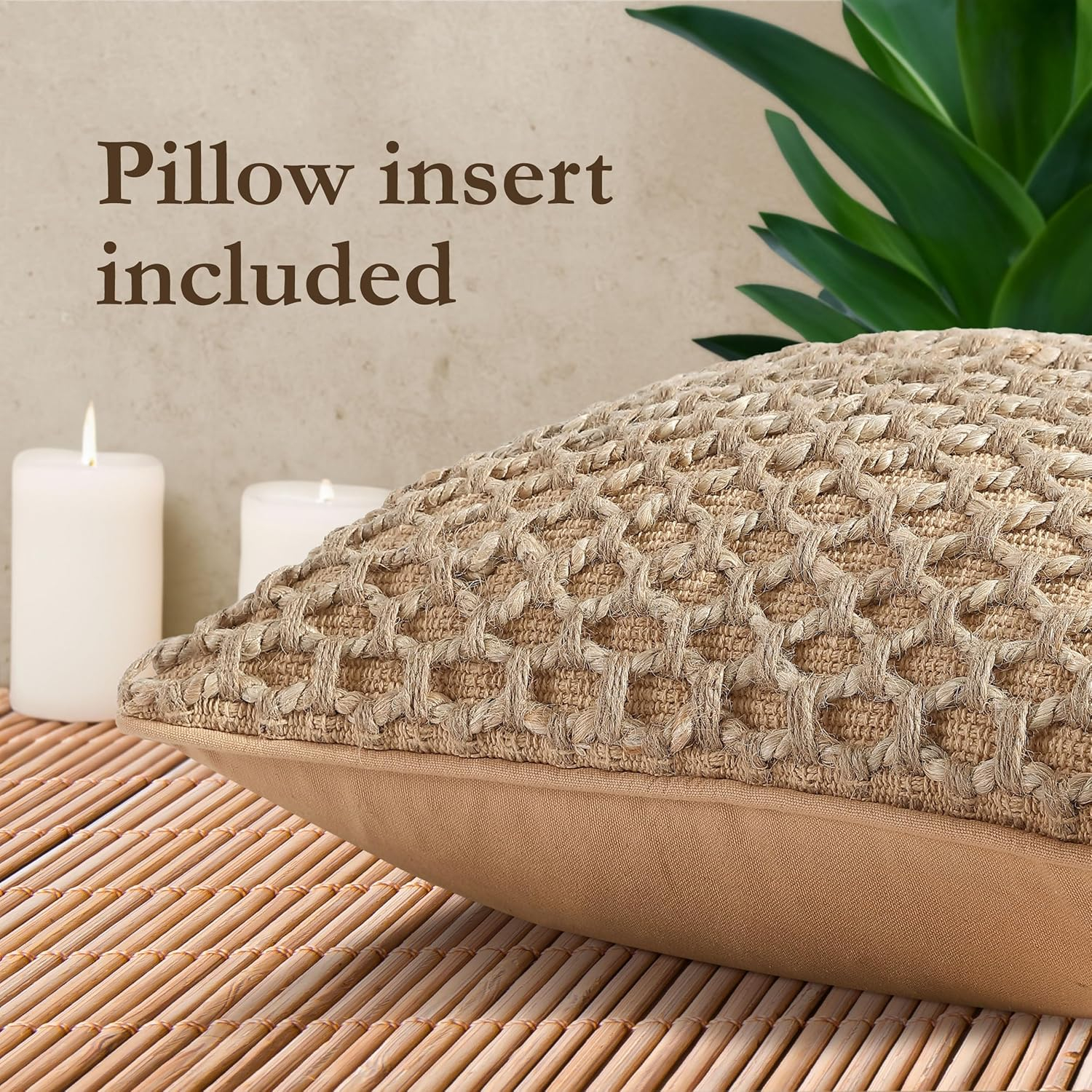 Boho Living Jada Premium Woven Design, Living Room Décor, Decorative Throw, (1) 18" x 18" Pillow Cover with Insert, Beige