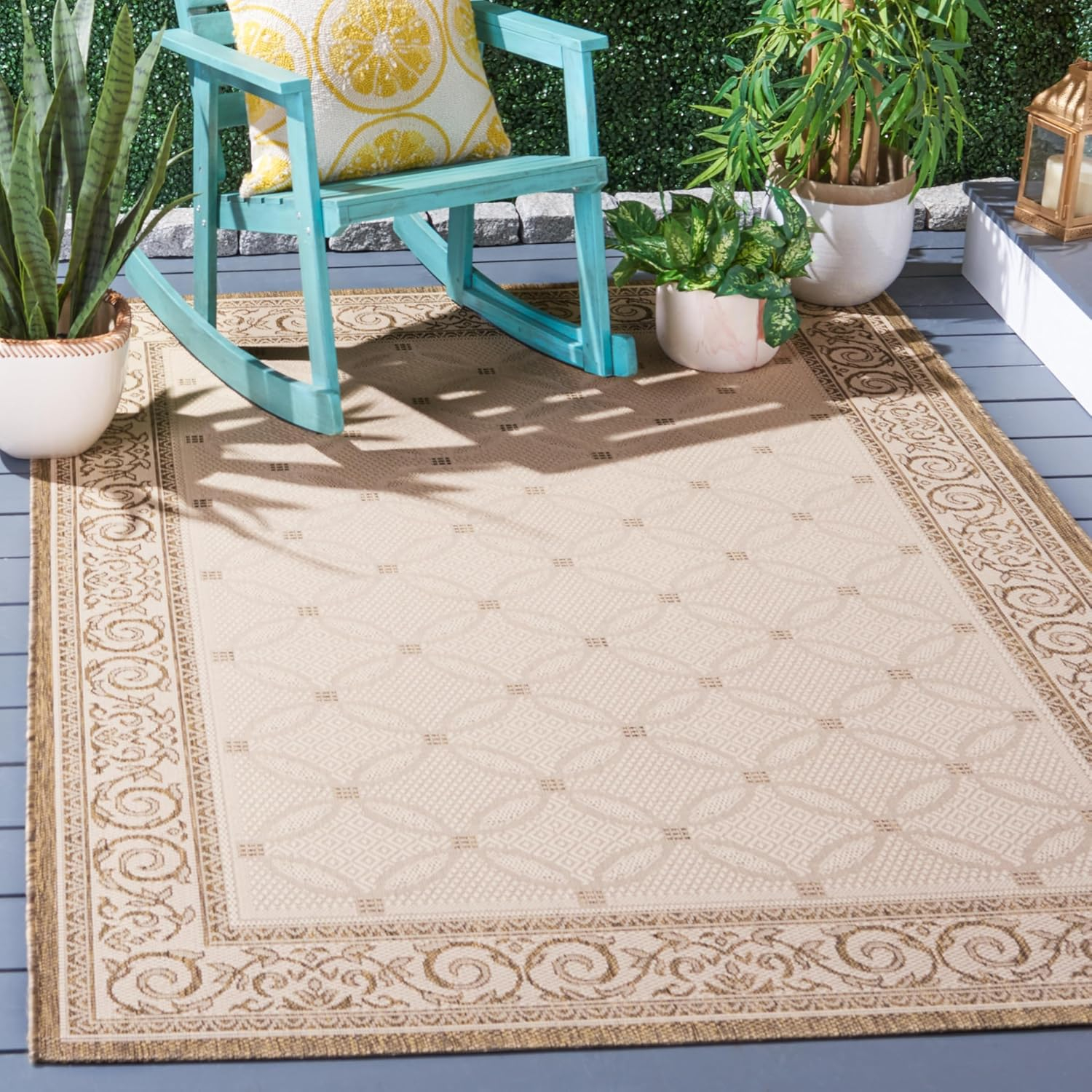SAFAVIEH Courtyard Gaus Geometric Indoor/Outdoor Area Rug, 5'3" x 7'7", Red/Natural