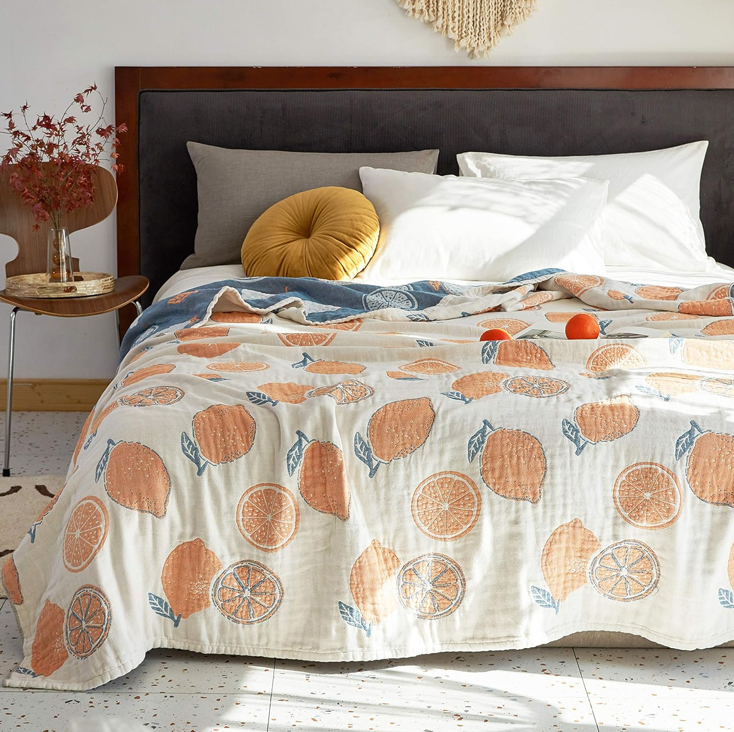 Scientific Sleep Lemon 100% Cotton Muslin Blanket Throw Cover for Bed Couch Sofa Cozy Soft Reversible Bedding Blanket Quilt Bedspread Coverlet Twin 60 in x 80 in