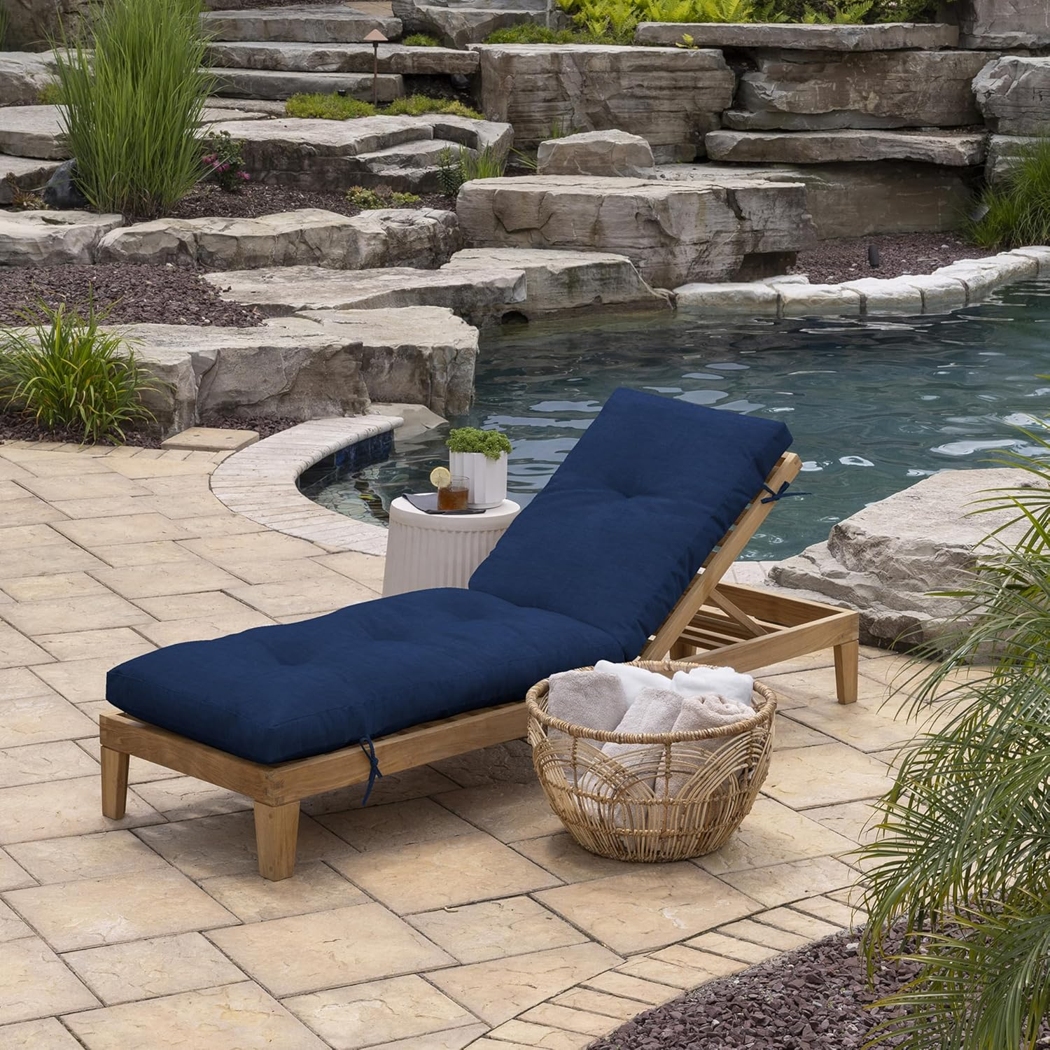 ARDEN Outdoor Plush Modern Tufted Chaise Cushion, 76 x 22, Water Repellent, Fade Resistant, Tufted Cushion for Chaise Lounger 76 x 22, Sapphire Blue Leala