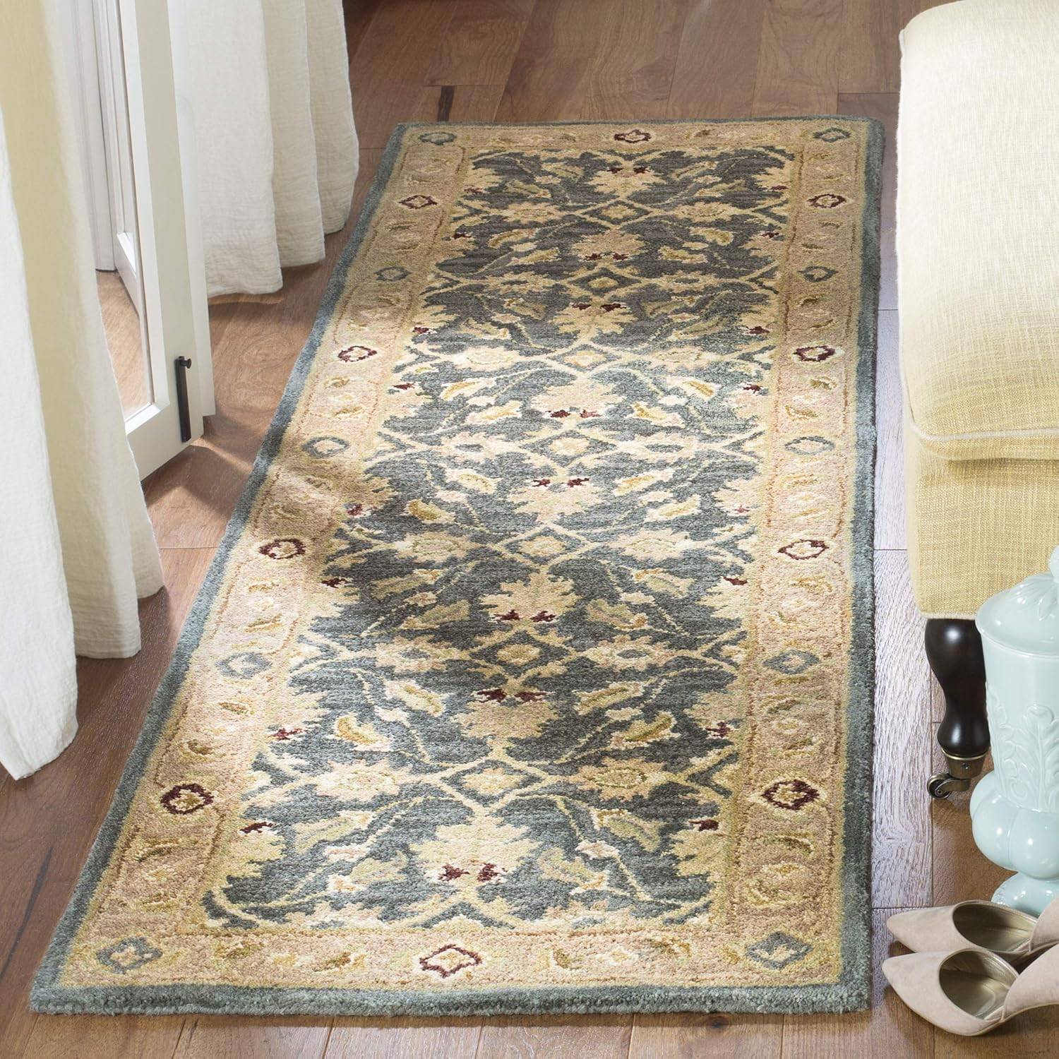 SAFAVIEH Anatolia Sophia Floral Wool Runner Rug, Teal Blue/Taupe, 2'3" x 8'