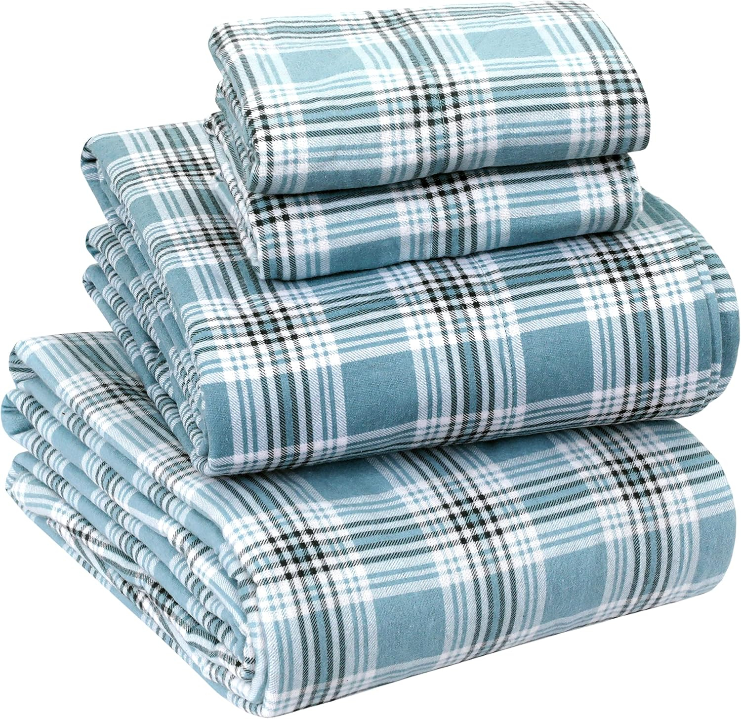 Sleepdown 100% Cotton Flannel Sheets Full Size Bed Sheets Set with Deep Pockets, Brushed Flannel with Elastic Fitted Sheet Set, Soft & Cozy Sheets - 4 Piece Bedding and Pillowcase set - Green Plaid