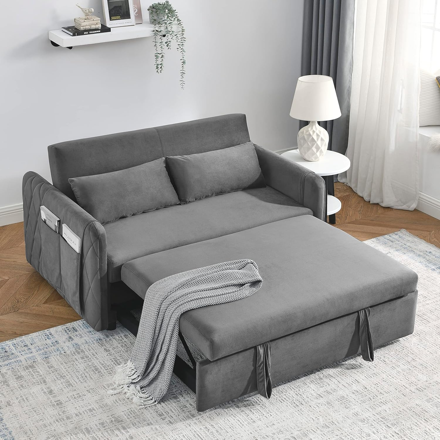 55" Convertible Sofa Bed with 2 Detachable Arm Pockets, Velvet Loveseat Sofa with Pull Out Bed and 2 Pillows, Modern Sleeper Sofa with Adjustable Backrest, Grid Design Armrests for Living Room, Grey