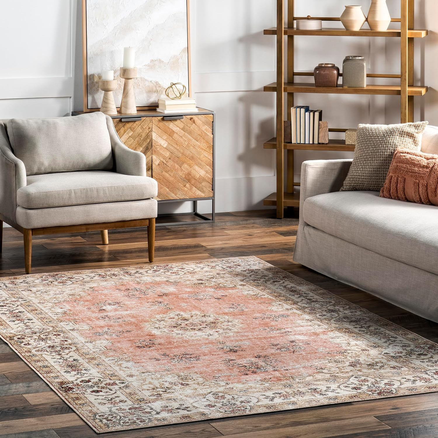 nuLOOM Ren Machine Washable Vintage Floral Area Rug, 6' x 9', Peach