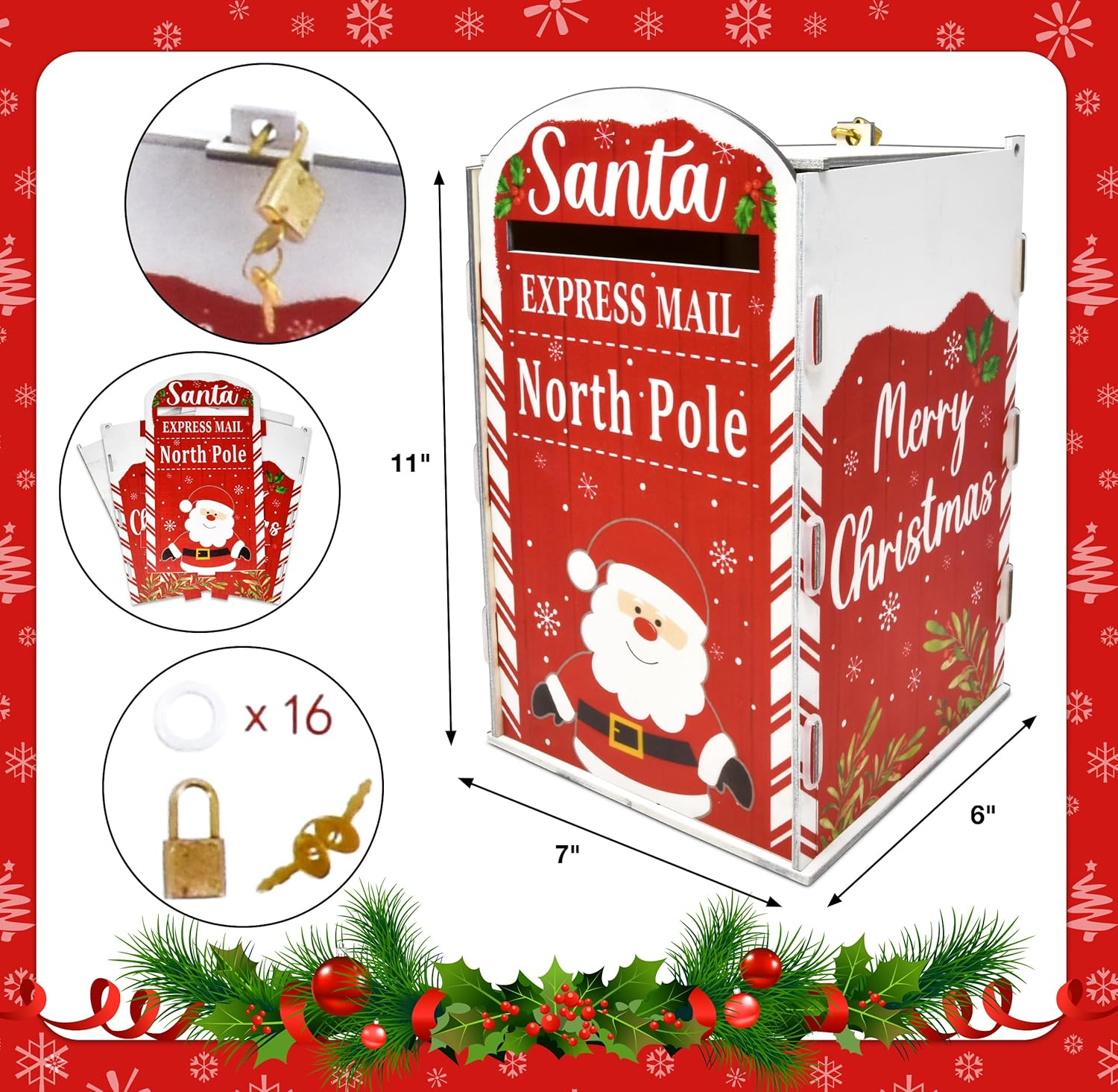 Gift Boutique Christmas Mailbox Letters to Santa Mail Box Xmas Decorations Gift Wish List to North Pole Wooden Delivery Postbox for Indoor Outdoor Home Classroom Porch Decor Easy Assembly Required