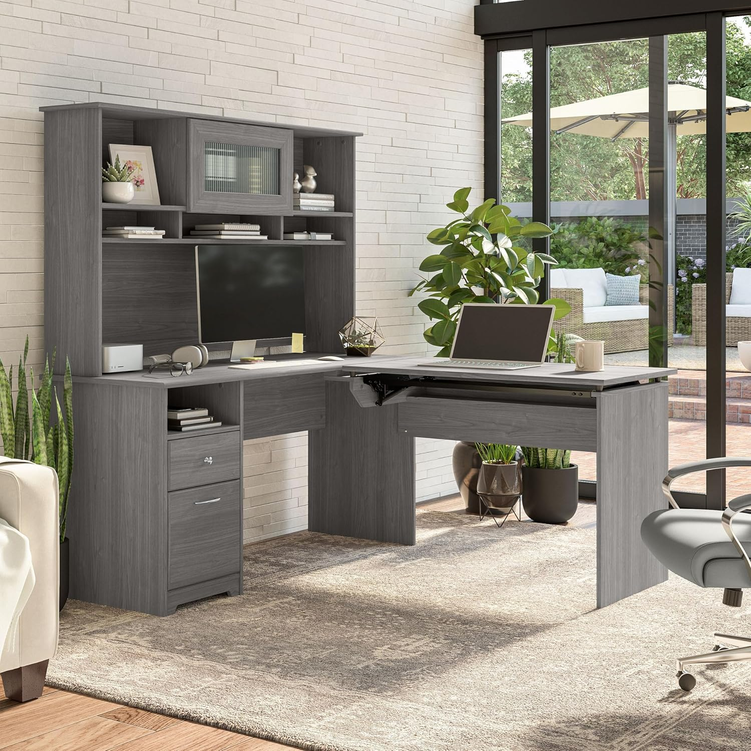 Cabot 60W Sit to Stand L Shaped Desk with Hutch in Modern Gray - Engineered Wood