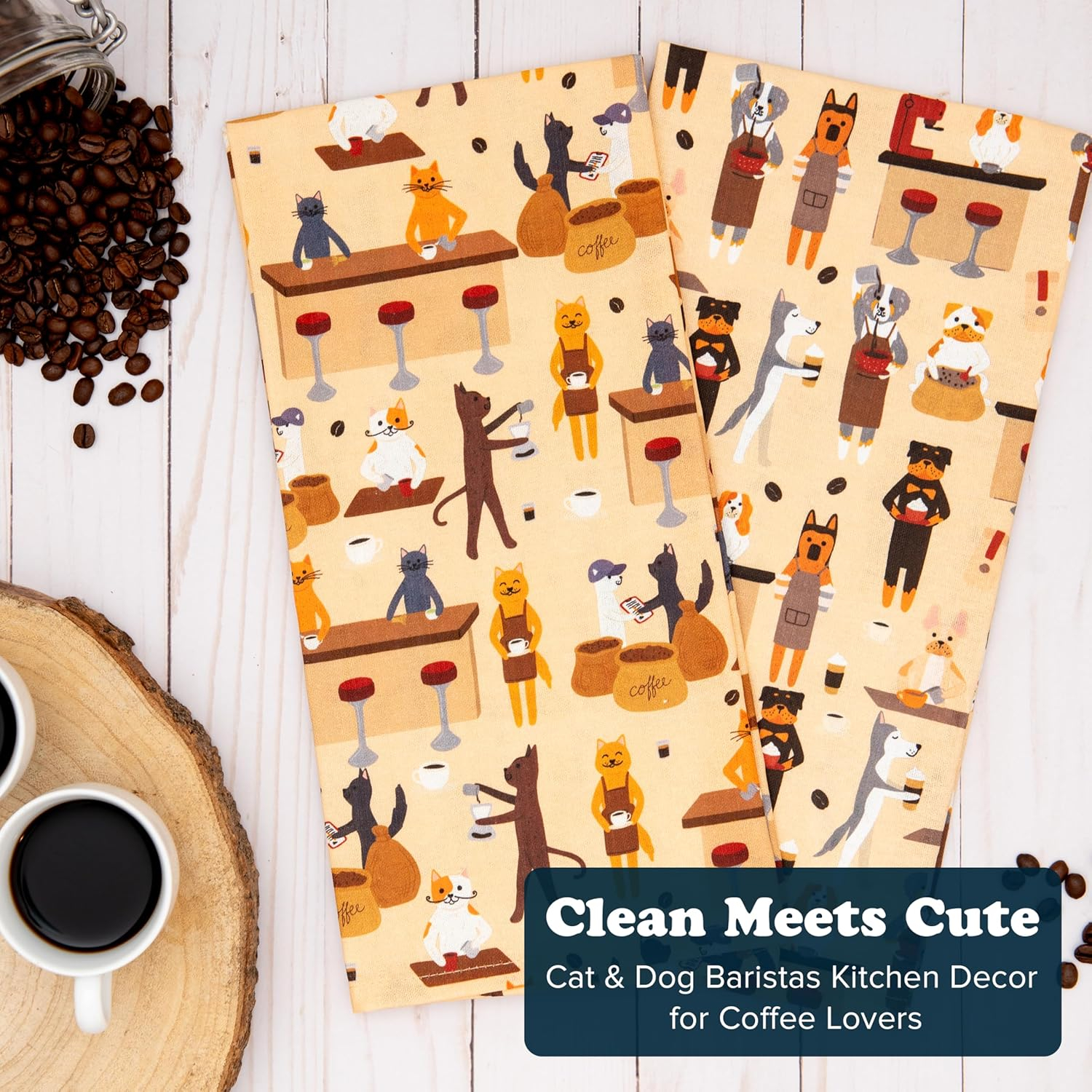 Puppington Dog and Cat Kitchen Towels - Dog and Cat Dish Towels for New Home Decorations - Gifts for Dog Moms and Cat Dads (Coffee Lovers)
