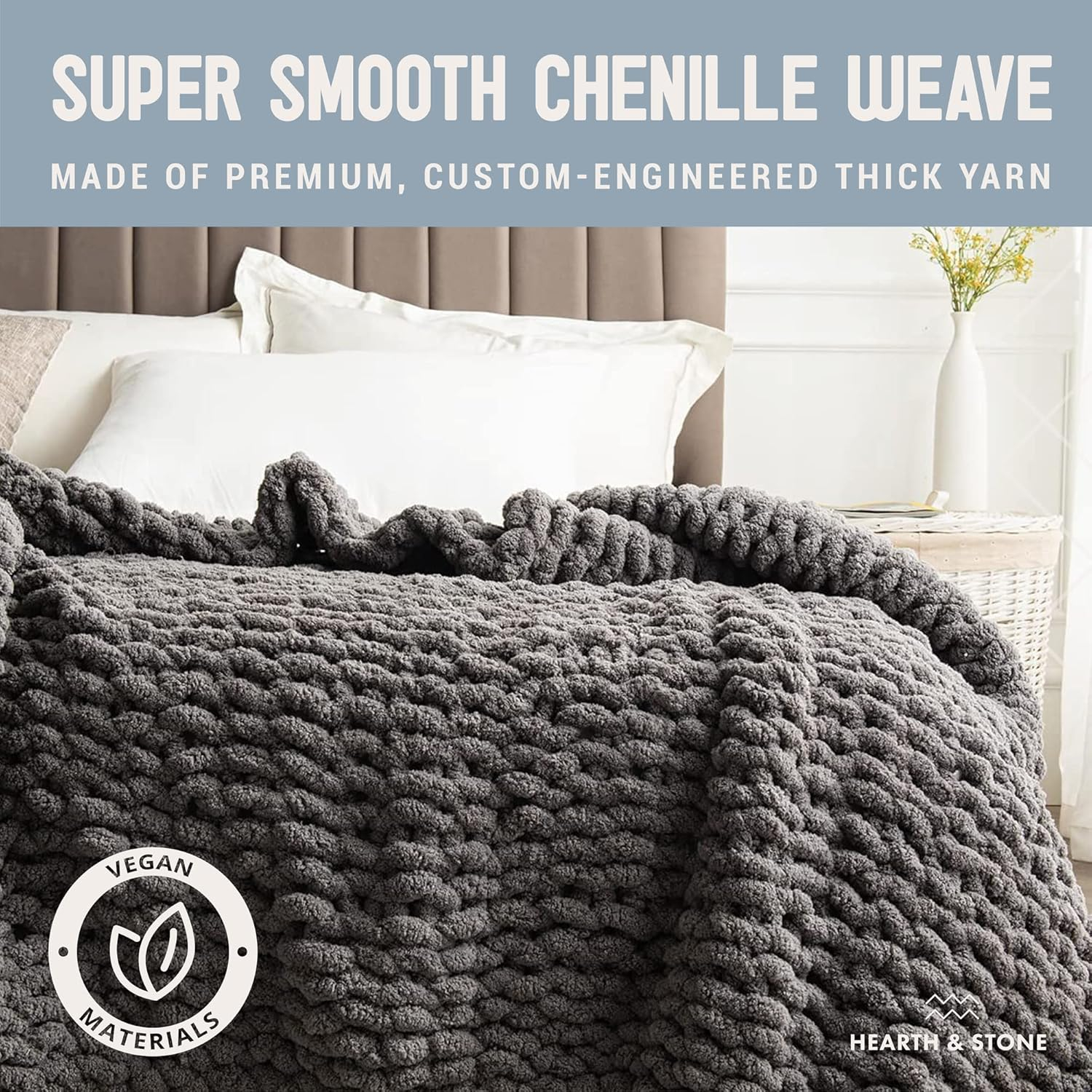 Slate Grey Chunky Knit Wool Throw Blanket 50" x 60"