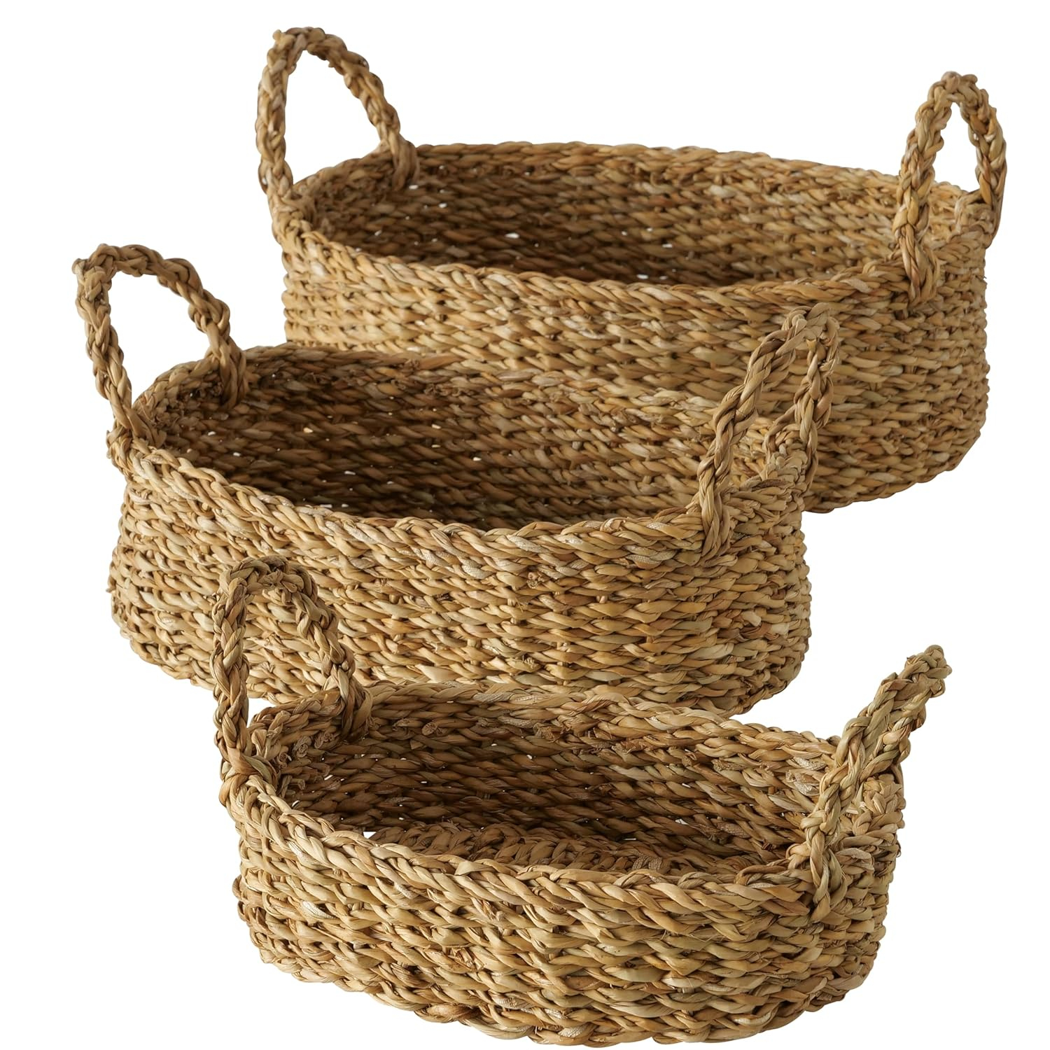 Seagrass Baskets, Set of 3, Thick Chunky Sweater Weave, Decorative Vanity Organizers, Closet Storage Bins, Oval, 13.75, 11.75, and 9.5 Inches