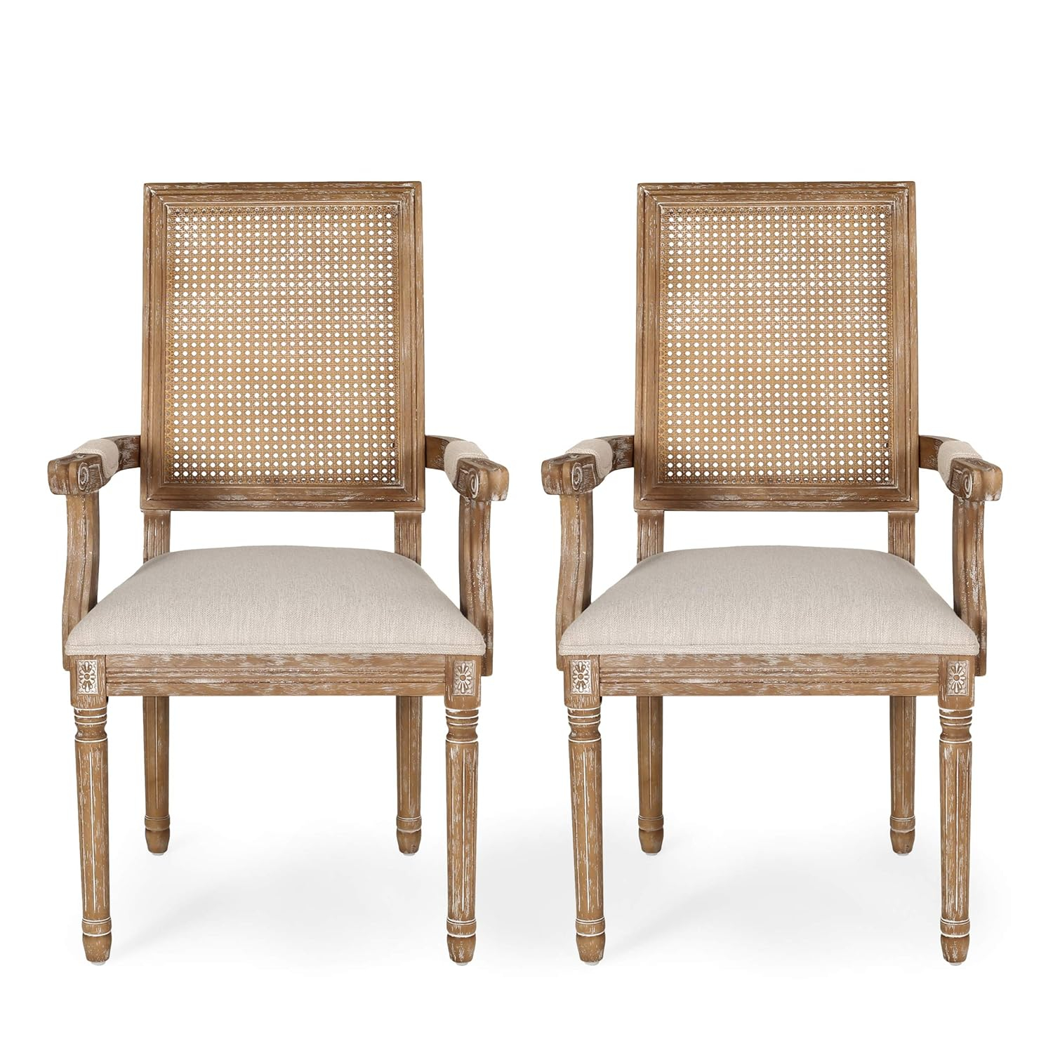 Light Gray Upholstered Arm Chair with Natural Cane and Wood Frame