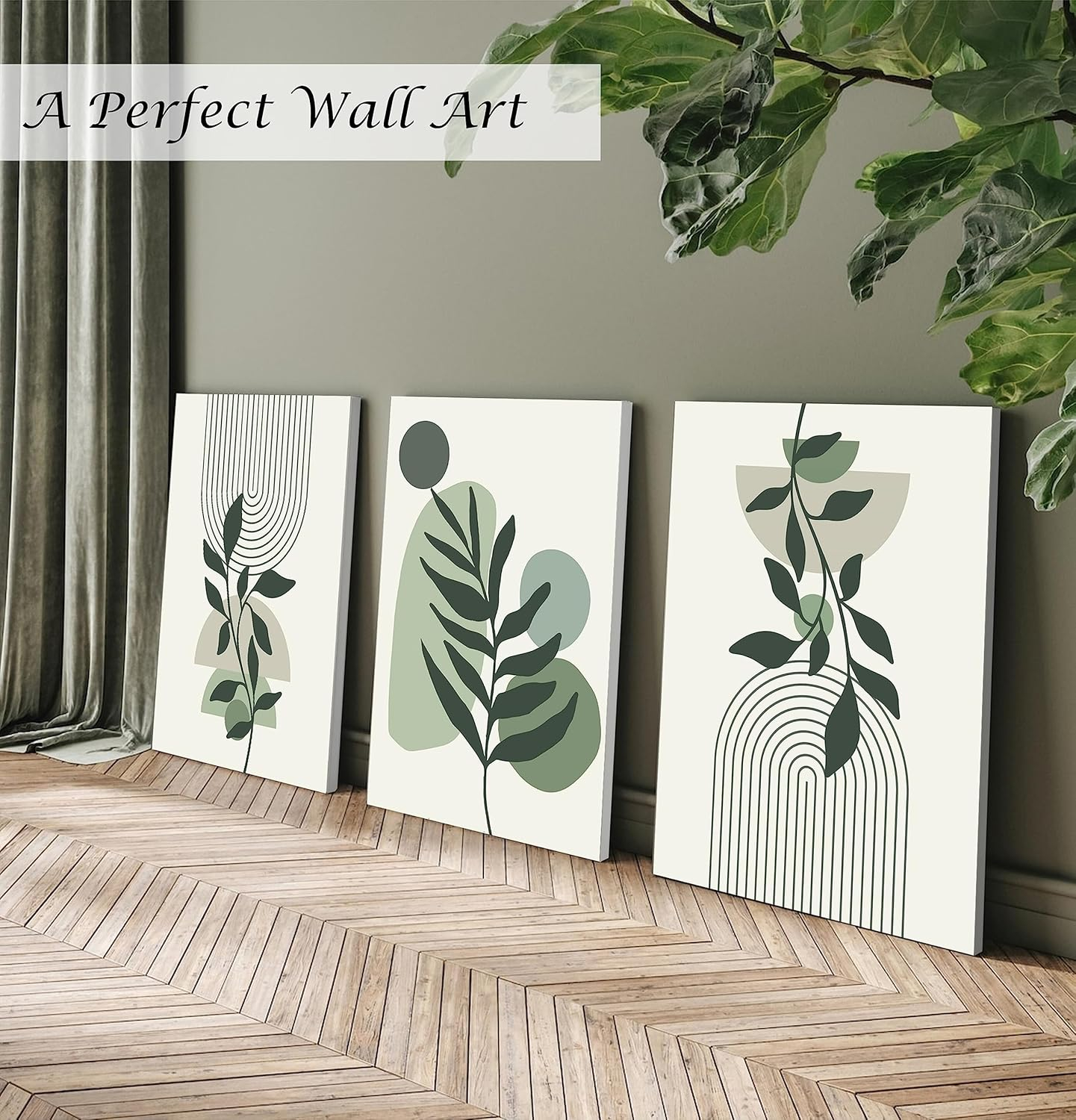 Large Framed Boho Canvas Wall Art Set of 3, Mid Century Modern room Decor, Minimalist Geometric Abstract Boho Bathroom wall art Canvas Prints Ready To Hang Bedroom decor (Sage Green,