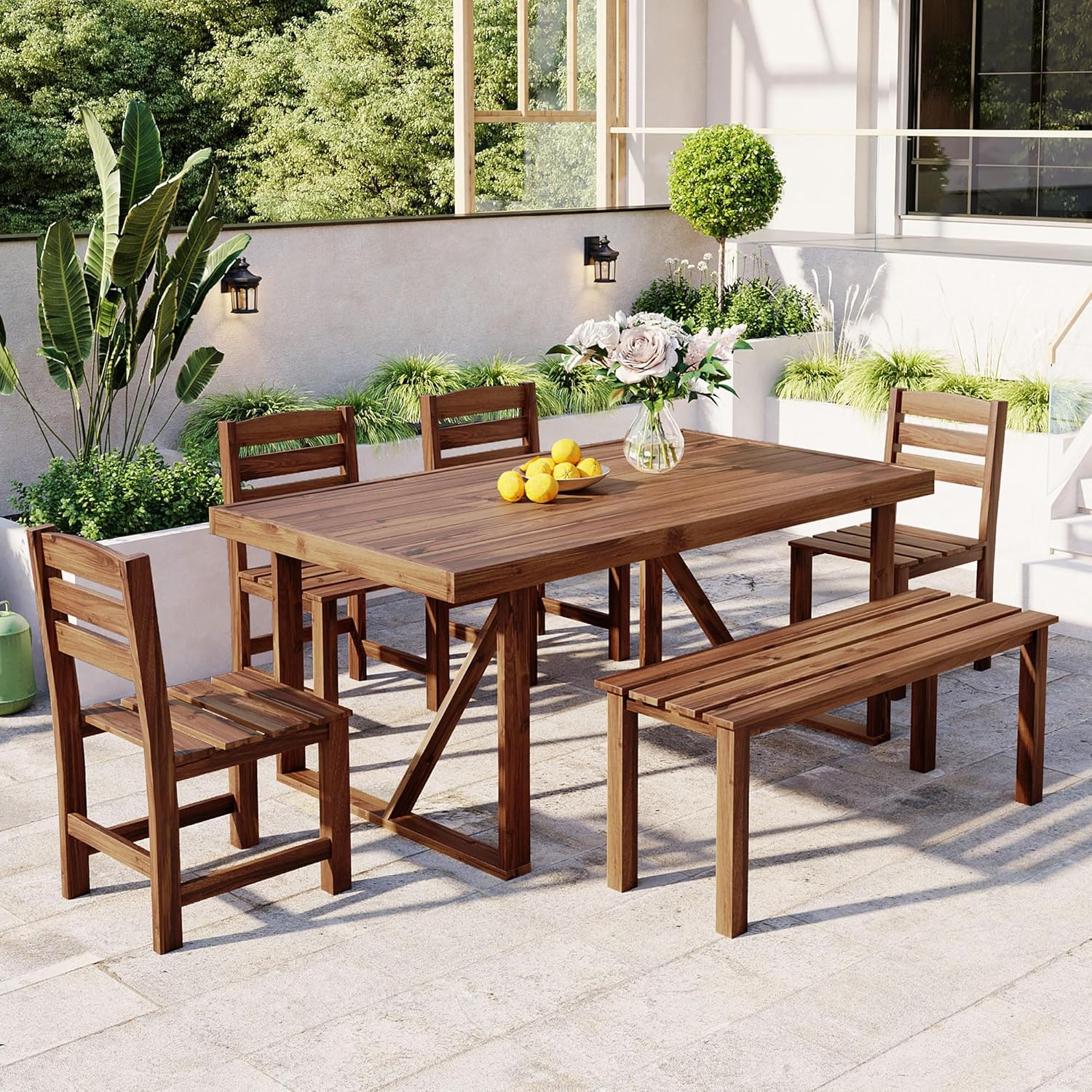 Churanty Patio Outdoor Acacia Wood Dining Set for 6,6 Pieces All Weather Farmhouse Dining Furniture Table Set with Bench and 4 Chair for Outdoor Garden Porch,Brown