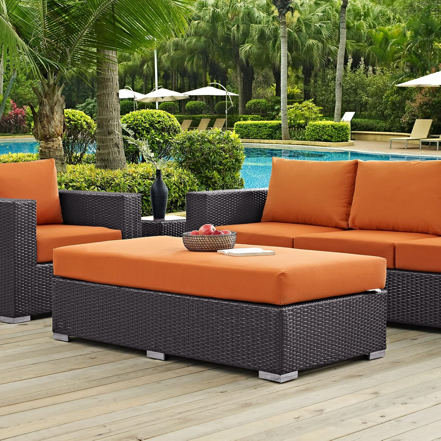 Modway Convene Wicker Rattan Outdoor Patio Rectangle Ottoman with Cushion in Espresso Orange