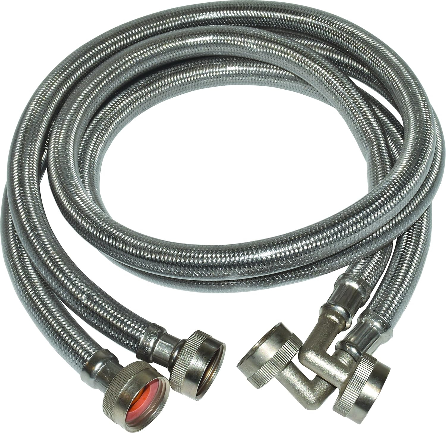 Eastman Washing Machine Connector, Pack of 2, 3/4 Inch FHT Connection, 90 Degree Elbow, 4 Foot Braided Stainless Steel Washing Machine Hoses, 48376