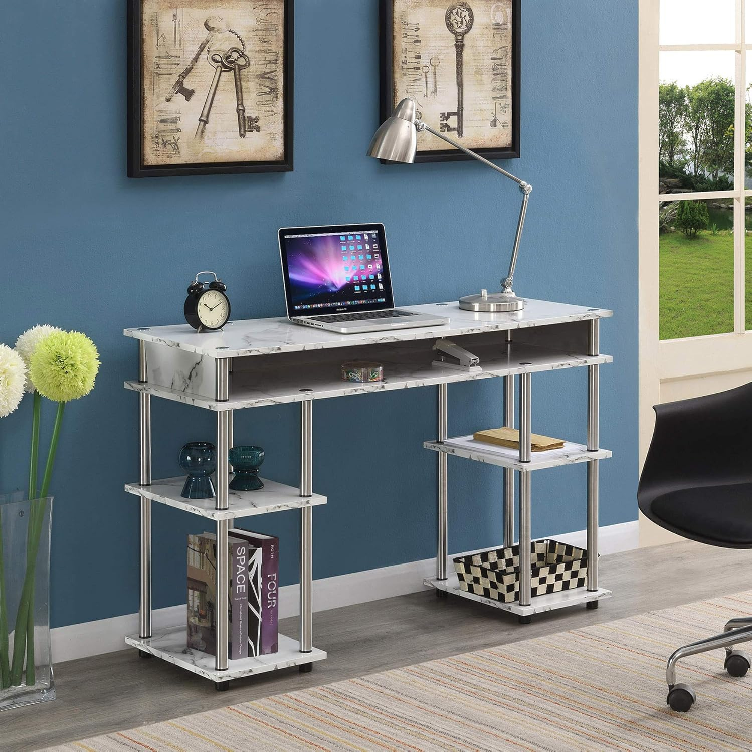 Convenience Concepts Designs2Go Student Desk with Shelves, White Faux Marble, All Ages - 30" Height