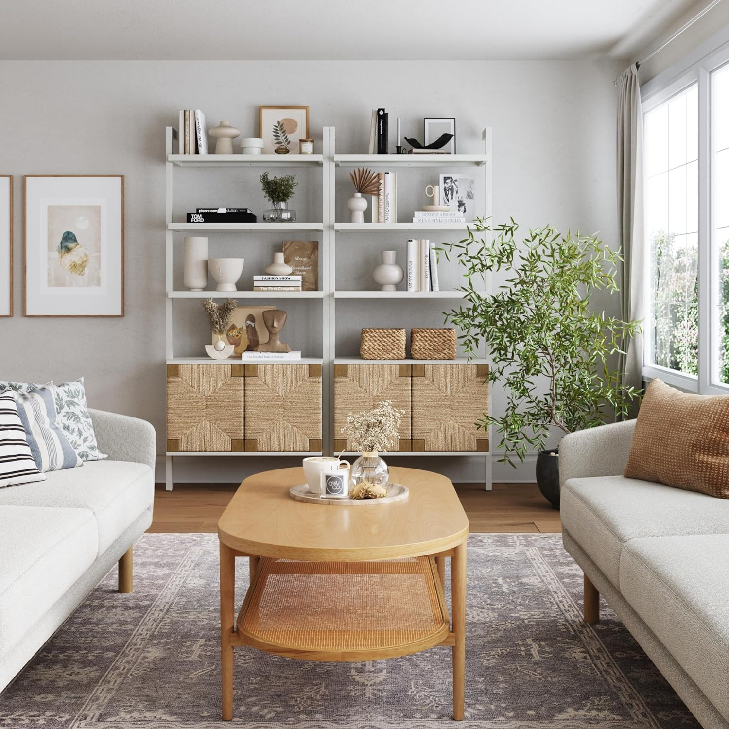 Warm White Solid Wood Bookcase with Adjustable Seagrass Cabinets