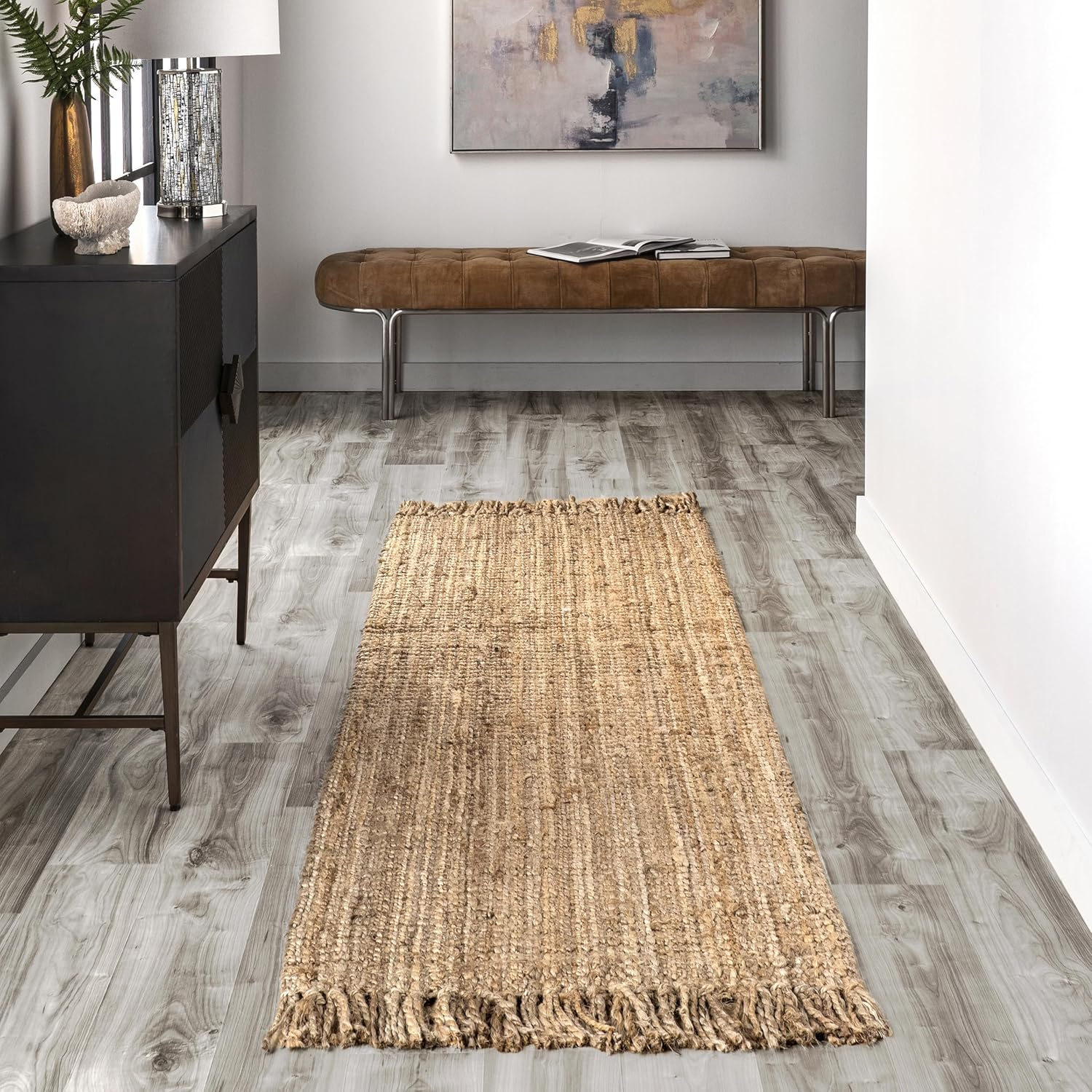 nuLOOM 2x14 Daniela Jute Tassel Hand Woven Area Rug, Natural, Solid Chunky Farmhouse Design, Natural Fiber, For Bedroom, Dining Room, Living Room, Hallway, Office, Entryway
