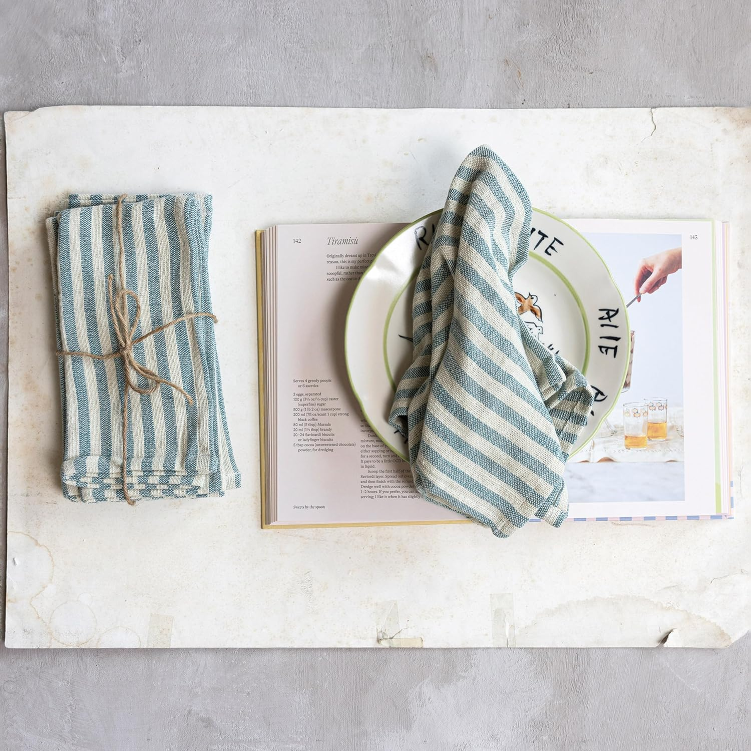 Bloomingville Striped Cotton Napkins with Ruffle, Blue and Natural, Set of 4