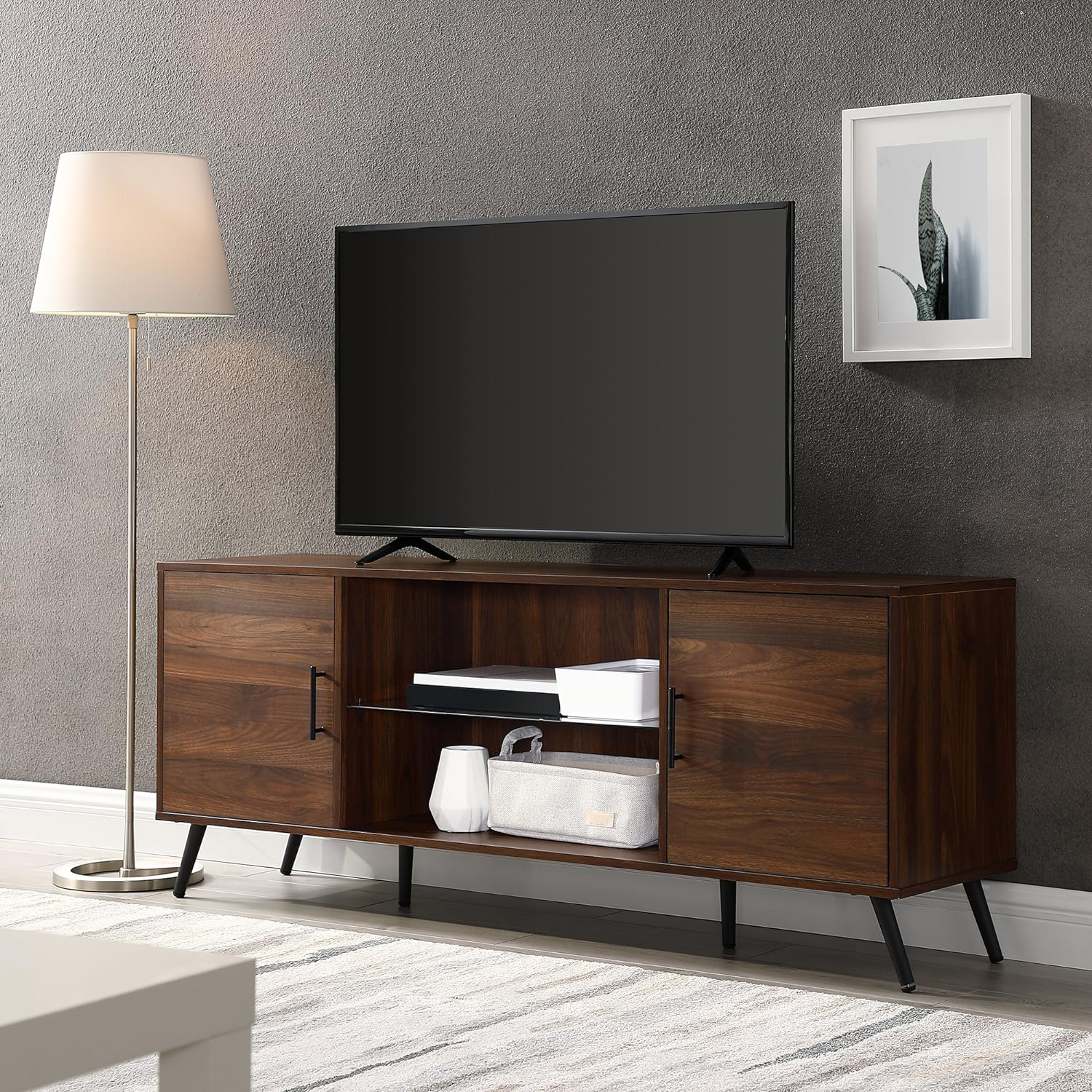 DazzAura Saxon Mid Century Modern Glass Shelf TV Stand for TVs up to 65 Inches, 60 Inch, Walnut