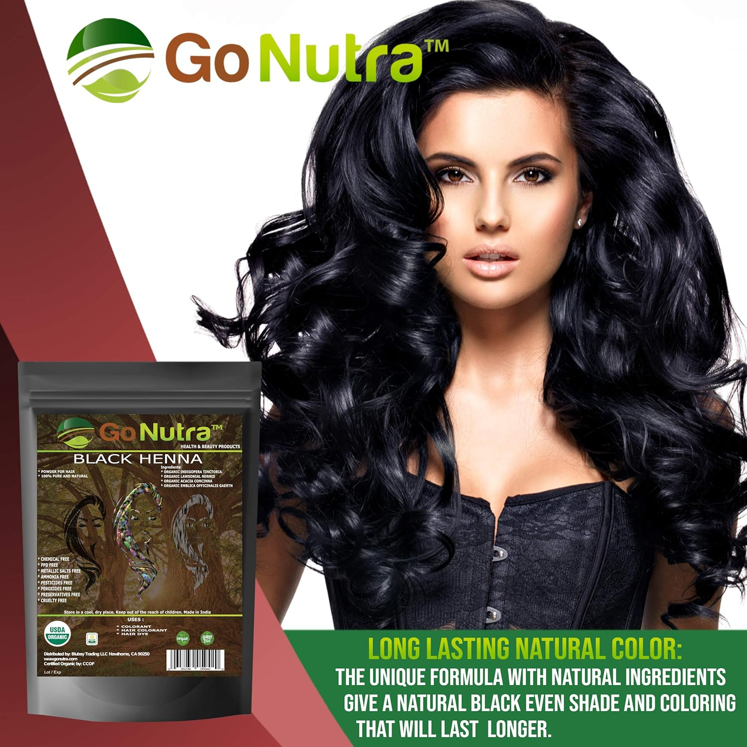 Go Nutra Black Henna Powder Organic 8 oz Natural Black Hair Dye - Black Henna Hair Dye & Beard Dye (226 grams)