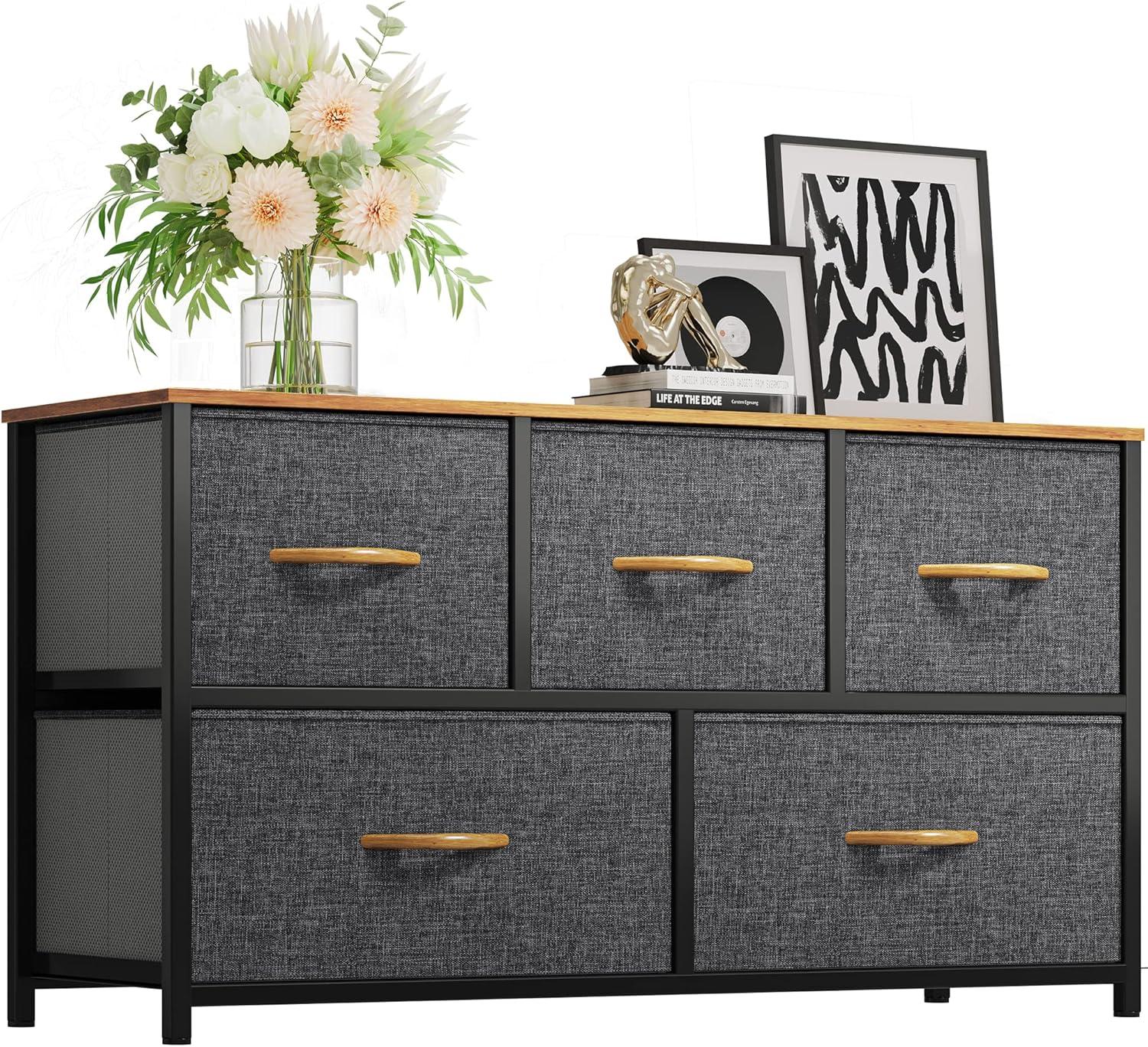 Cool Gray Fabric and Metal Nursery Dresser with Wooden Top