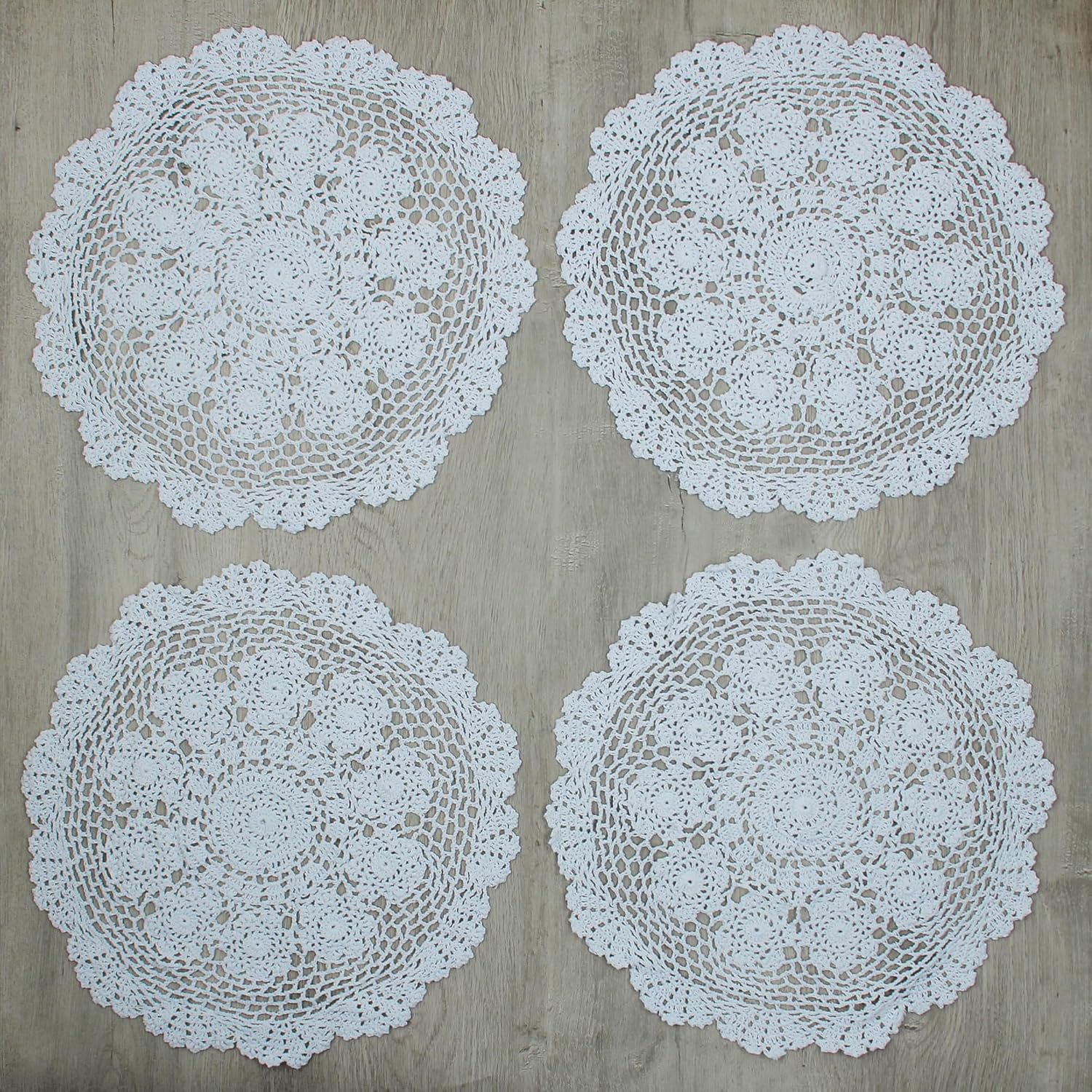 kilofly Handmade Crochet Round Cotton Lace Table Placemats Doilies Value Pack [Set of 4], Lotus, White