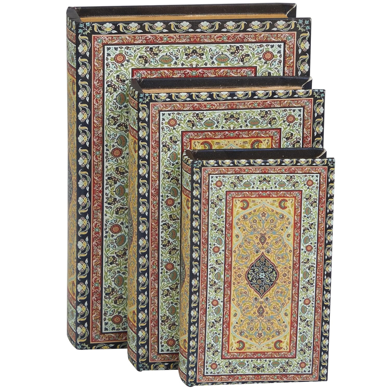 Deco 79 Canvas Decorative Box Storage Book Book Shaped Boxes with Arabesque Pattern and Gold Page Inspired Detail, Set of 3 Decorative Keepsake Boxes 12, 10, 8" H, Multi Colored