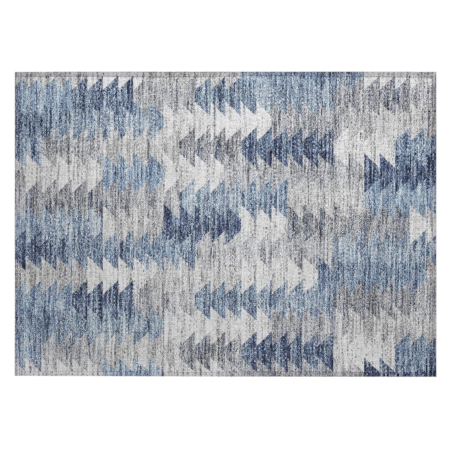 Blue and Gray Synthetic Flat Woven Washable Rug