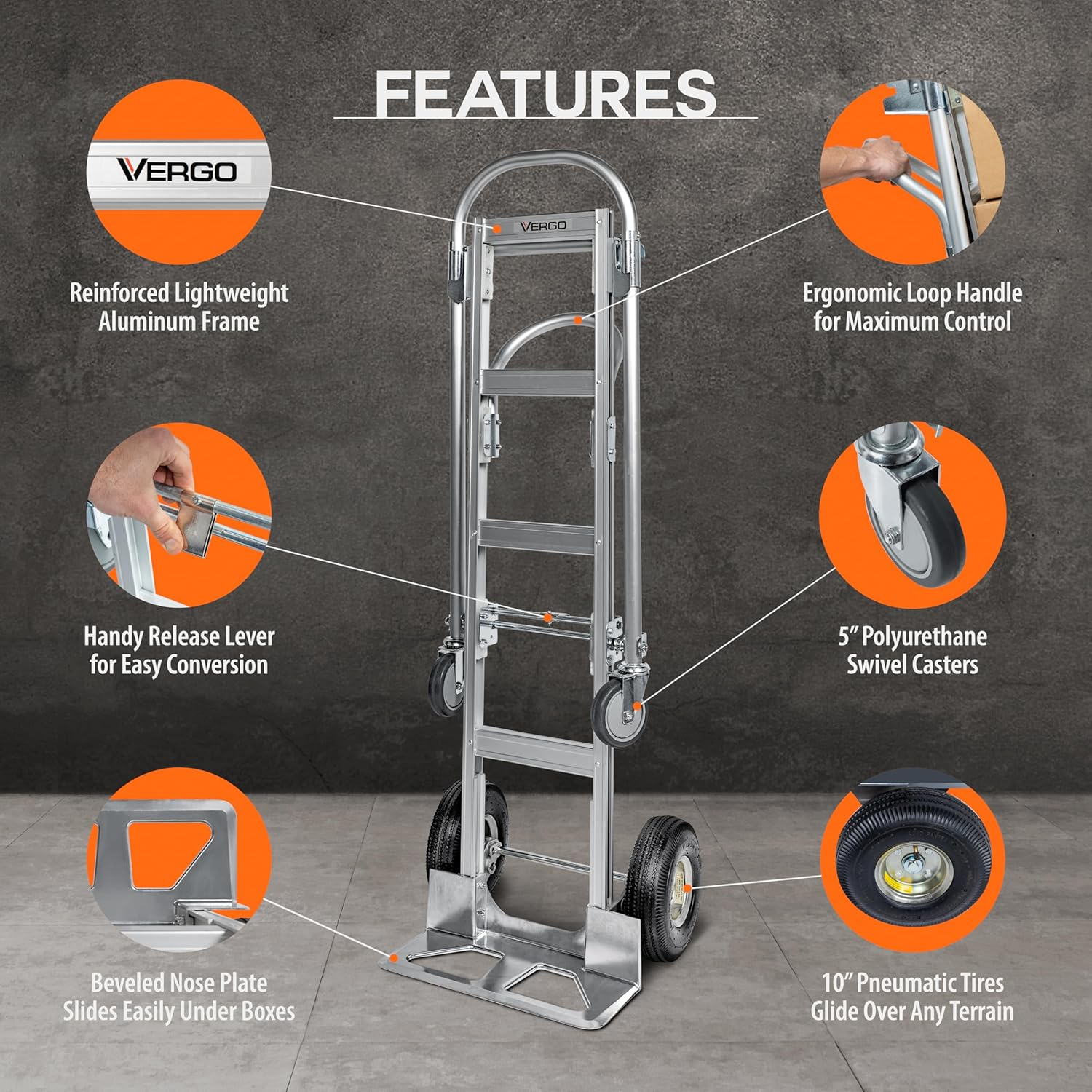 Vergo Industrial AS7B Aluminum Convertible Hand Truck Dolly Cart with Loop Handle 800 lbs Capacity (2 Positions, 63" High)