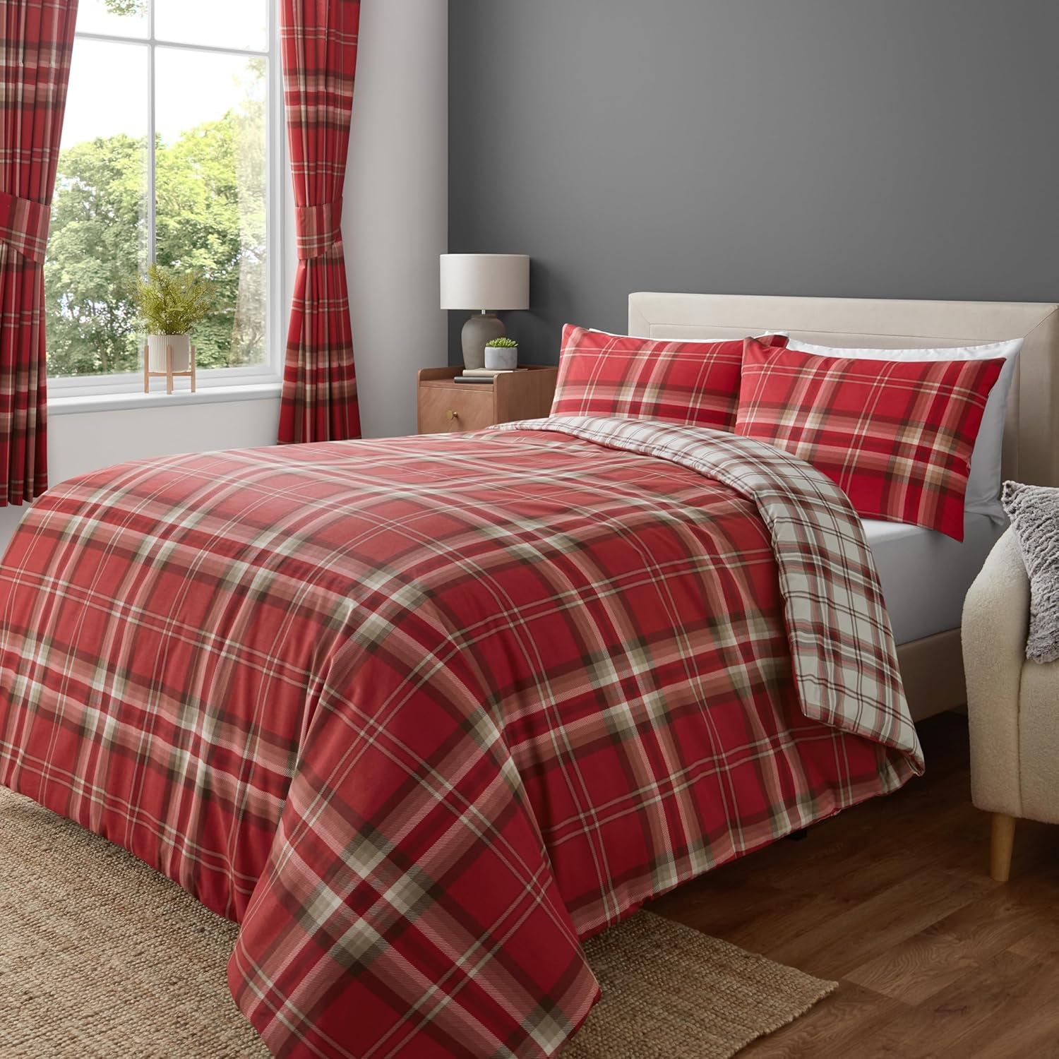 Full Red and Charcoal Cotton Tartan Duvet Cover Set
