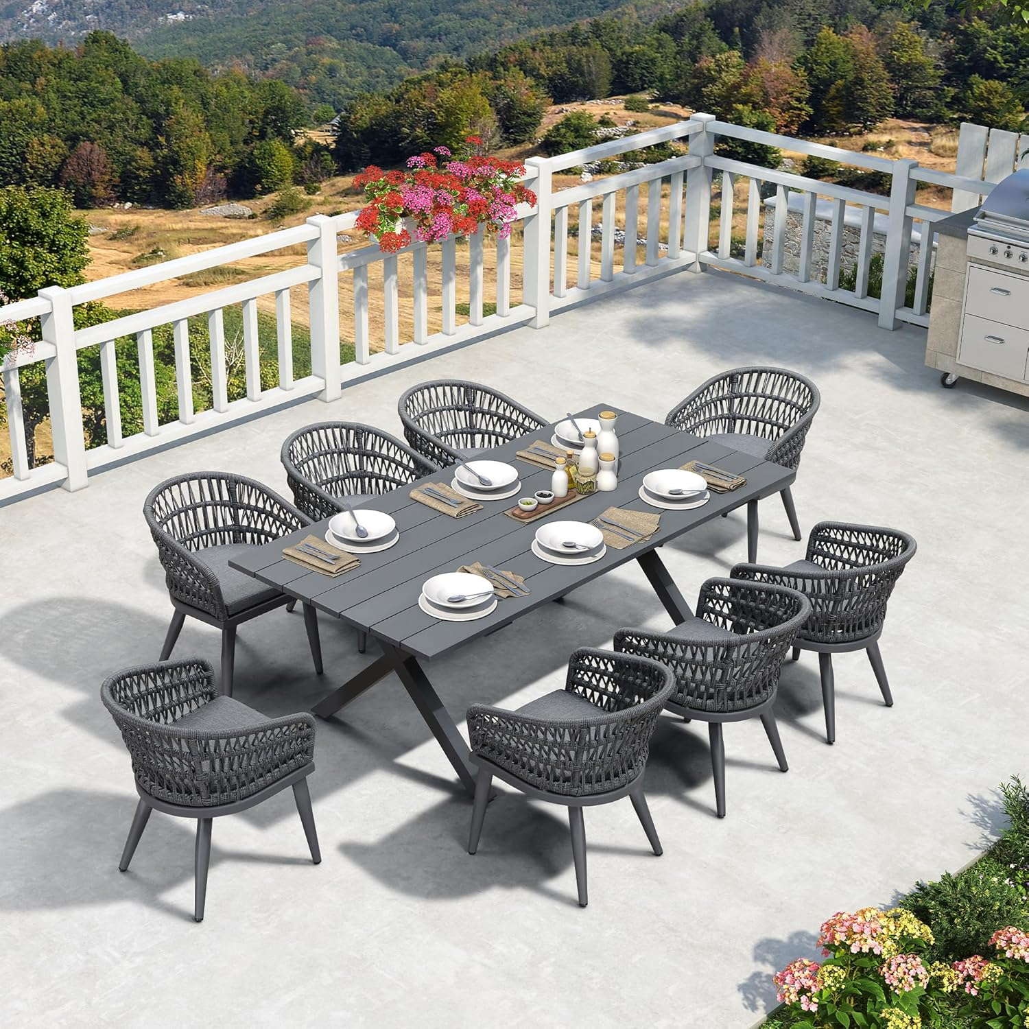 PURPLE LEAF 9 Pieces Outdoor Dining Set All-Weather PE Rattan Outdoor Patio Furniture Set with All Aluminum Frame Rectangular Table and Chairs Set for Lawn Garden Backyard Deck, Grey