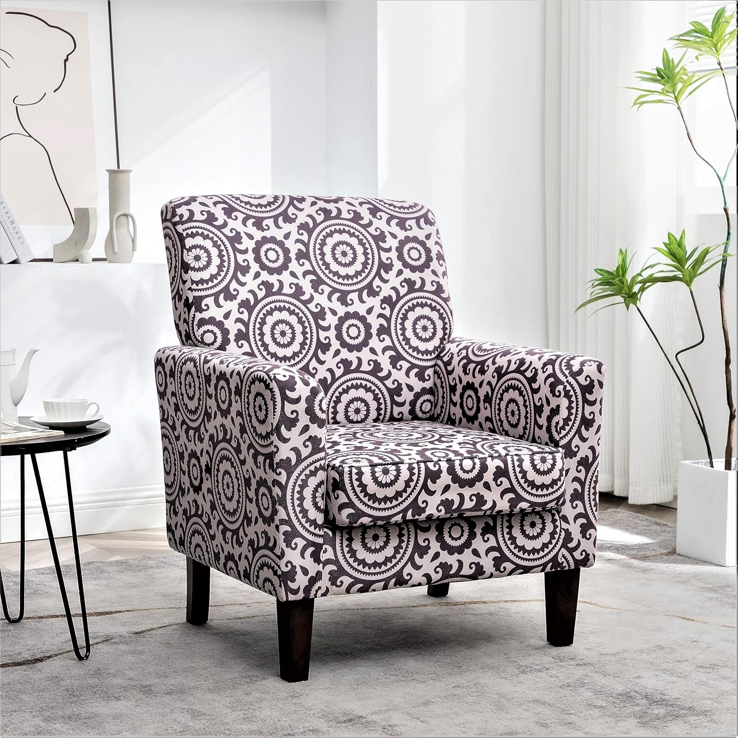 Contemporary Accent Arm Chair with Birch Wood Frame and Velvet Upholstery, Armchair for Office and Living Room Decor, Removable Cushions, 01 Printed Fabric