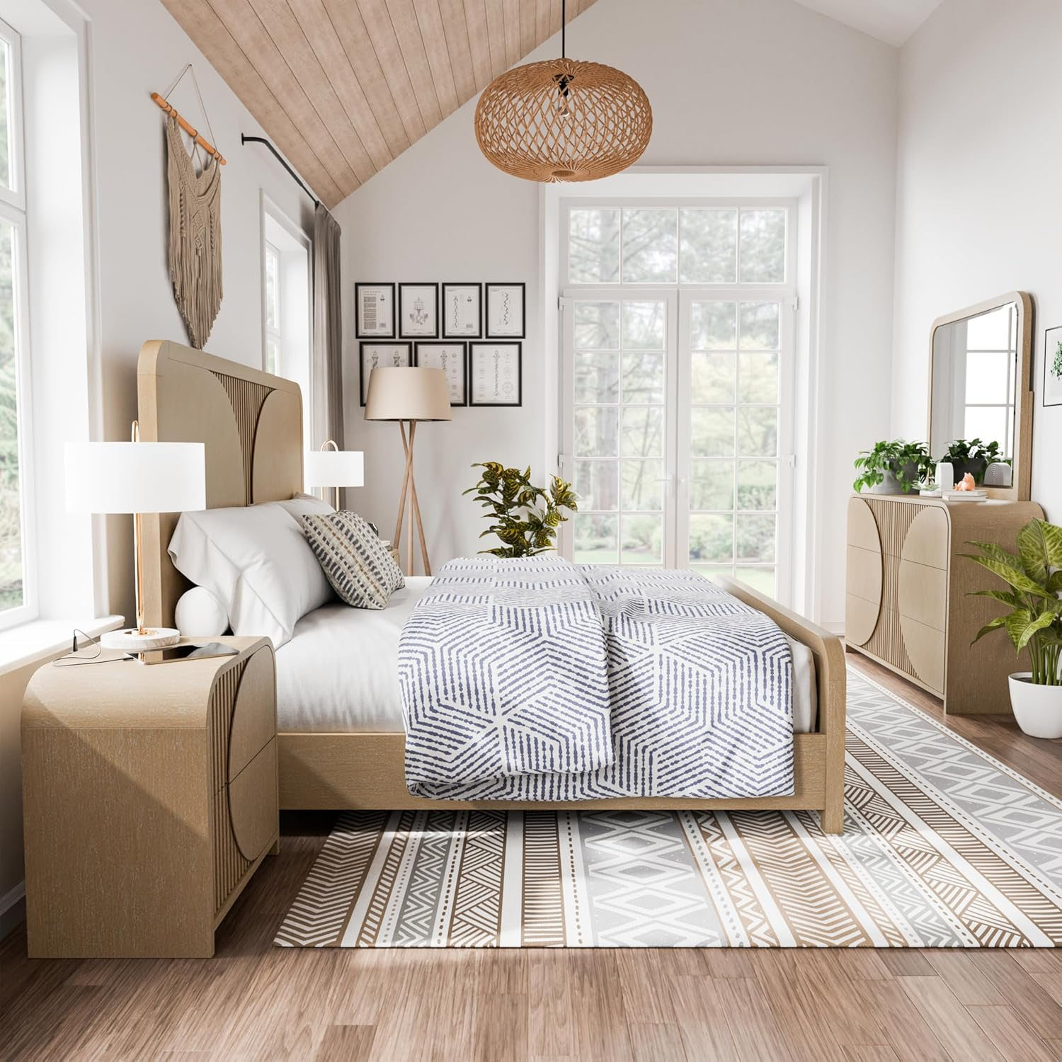 Furniture of America Tissen Modern Solid Wood 5-Piece Queen Bedroom Set with USB Ports, Reeded Panels, Curved Edges and Beveled Mirror, Box Spring Needed, Natural