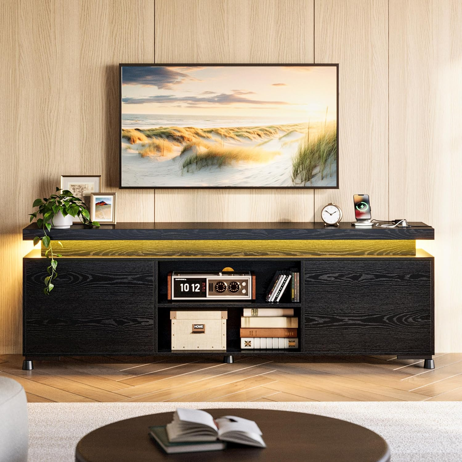 IRONCK TV Stands for TVs 75+ Inch with LED Lights and Power Outlet Modern TV Console Entertainment Center with Storage Cabinet for Living Room