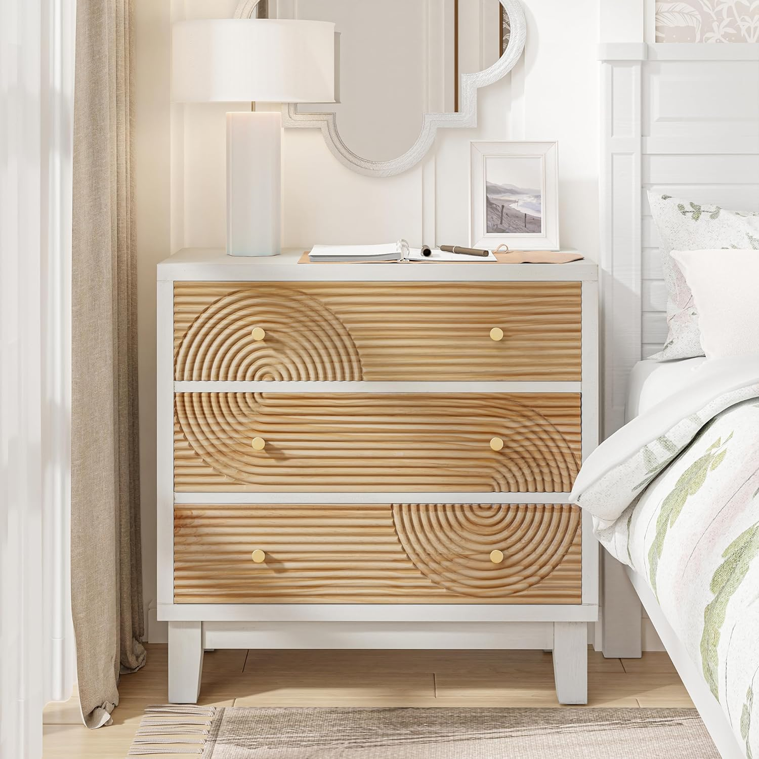COZAYH 3-Drawer Farmhouse Dresser with Handicraft Wood Ring Motif, Fully Assembled Nightstand Wooden Finish for Boho, Mid-century, Rustic Style